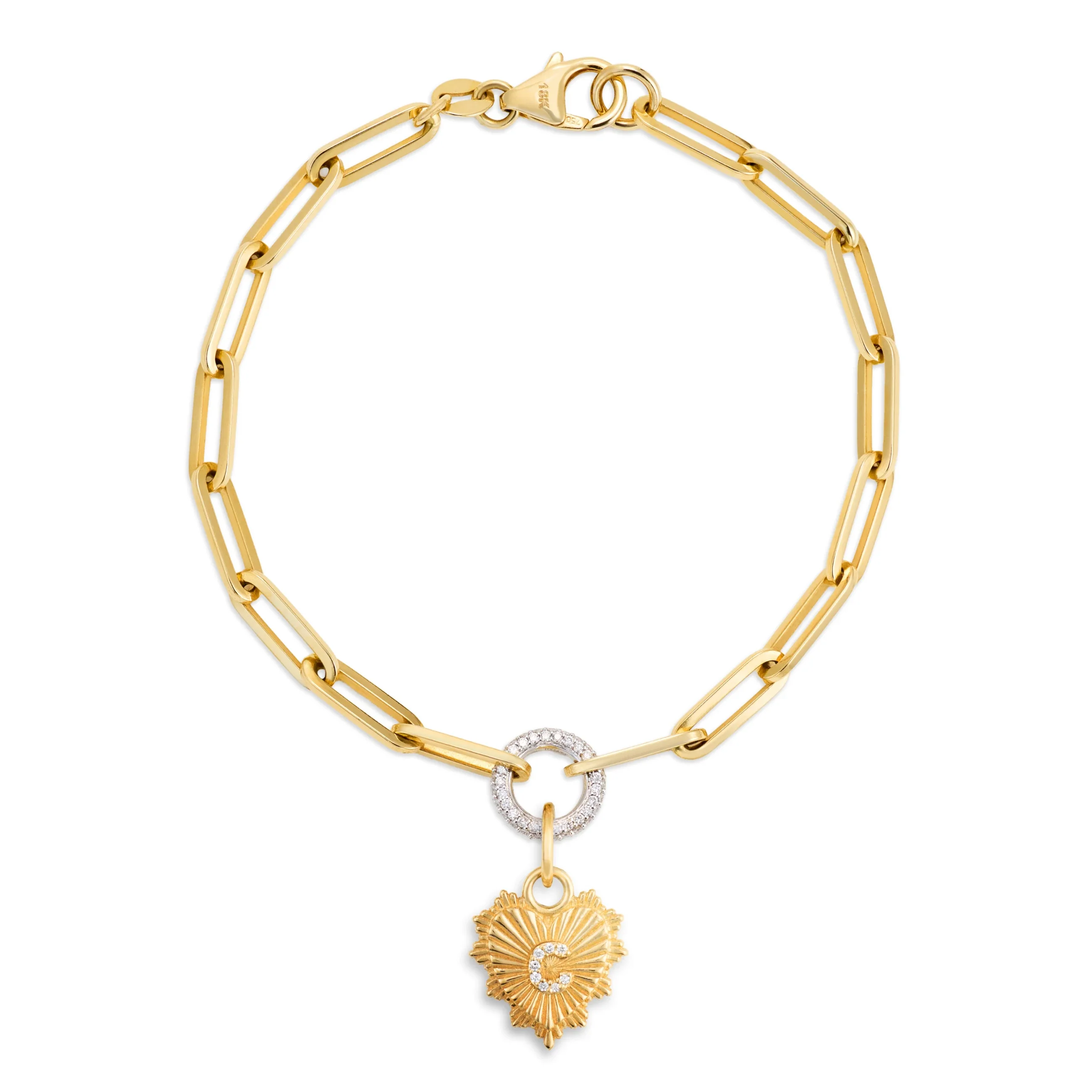 True Love - Personalized | Initial Heart Love Token Medium Clip Bracelet | Diamonds, Yellow Gold