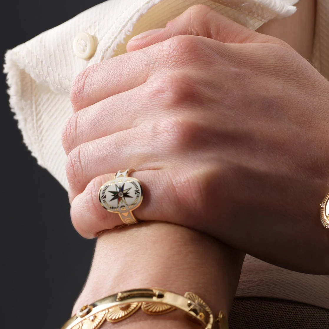 Internal Compass | Cigar Band | Cream Ceramic, Diamond, Yellow Gold - Image 2