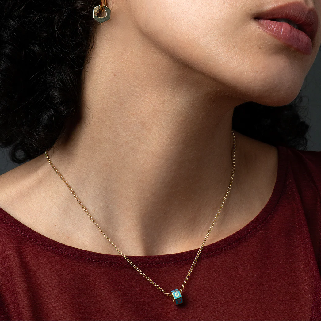 Personalized | Custom Faceted Medium Heart Beat | Aqua Ceramic, Yellow Gold - Image 4