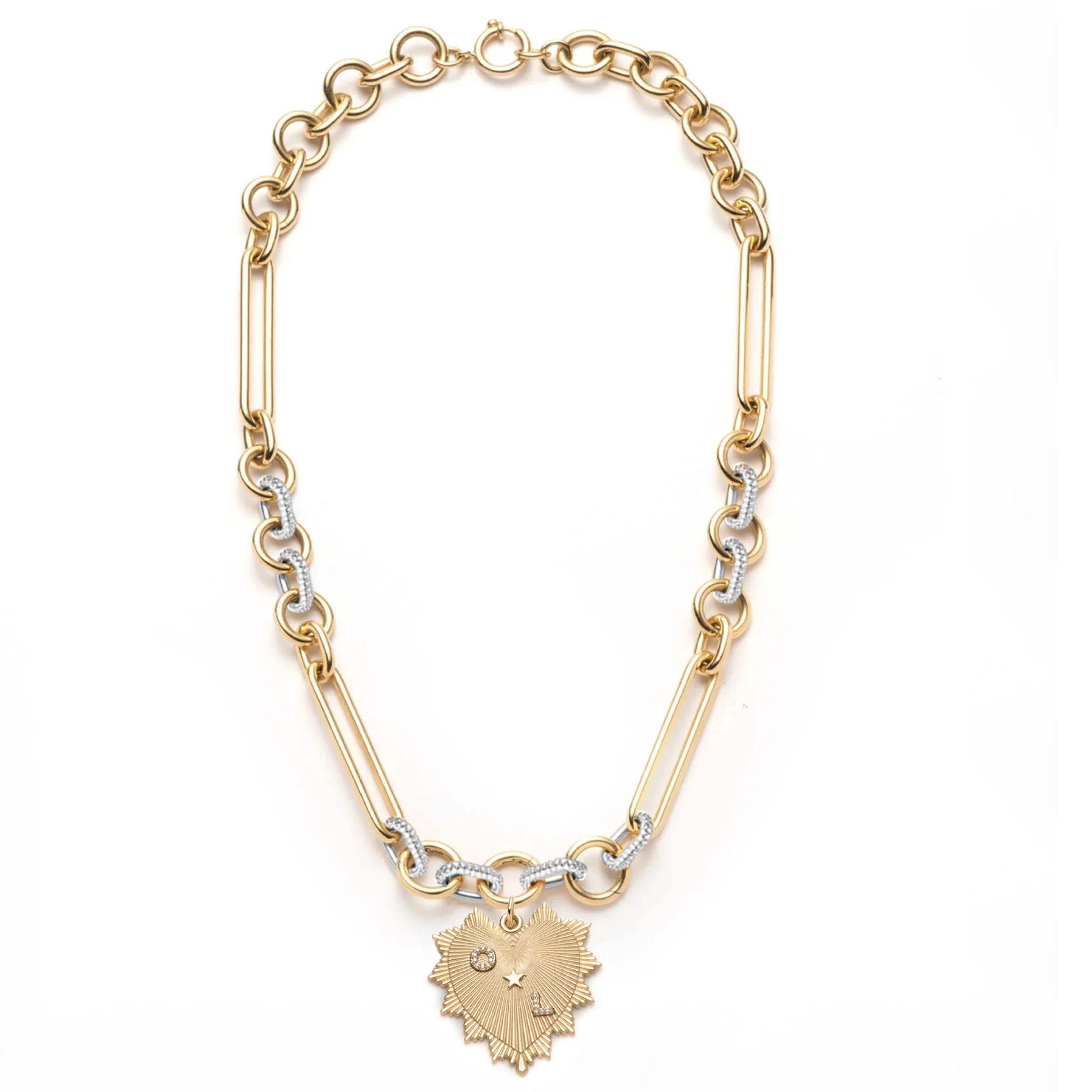 Personalized - True Love | Custom Heart Love Token Pavé Oversized Mixed Clip Necklace | Diamonds, Yellow Gold - Image 3