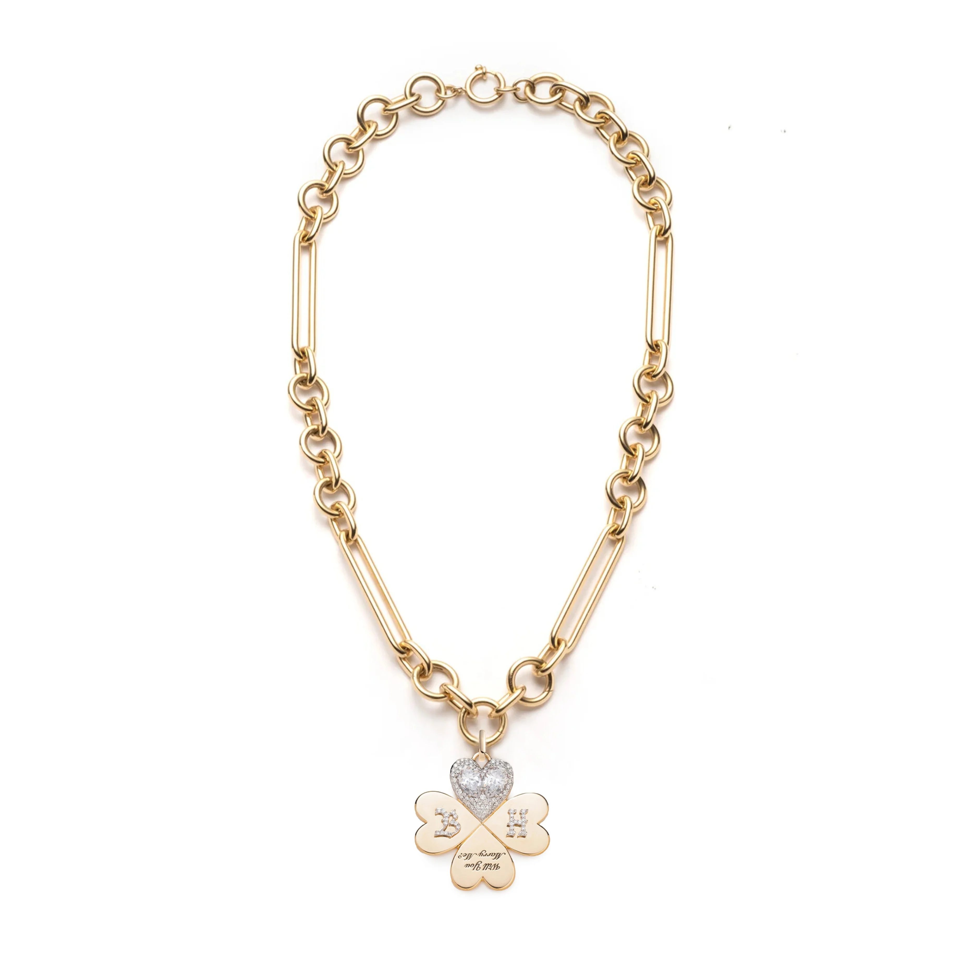 Personalized - True Love | Custom 'Will You Marry Me' Four Heart Clover Oversized Mixed Clip Necklace | Diamonds, Yellow Gold - Image 3