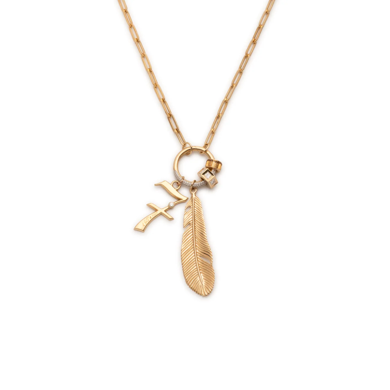 Personalized - Vivacity | Engravable Number and Feather Medium Clip Open Chain | Diamonds, Champagne Citrine, Yellow Gold