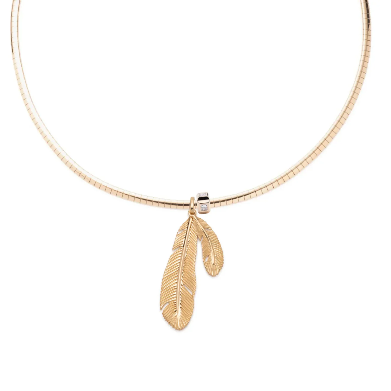 Vivacity | Feather Couplet and Heart Beat Small Sleek Collar Necklace | Diamonds, Yellow Gold