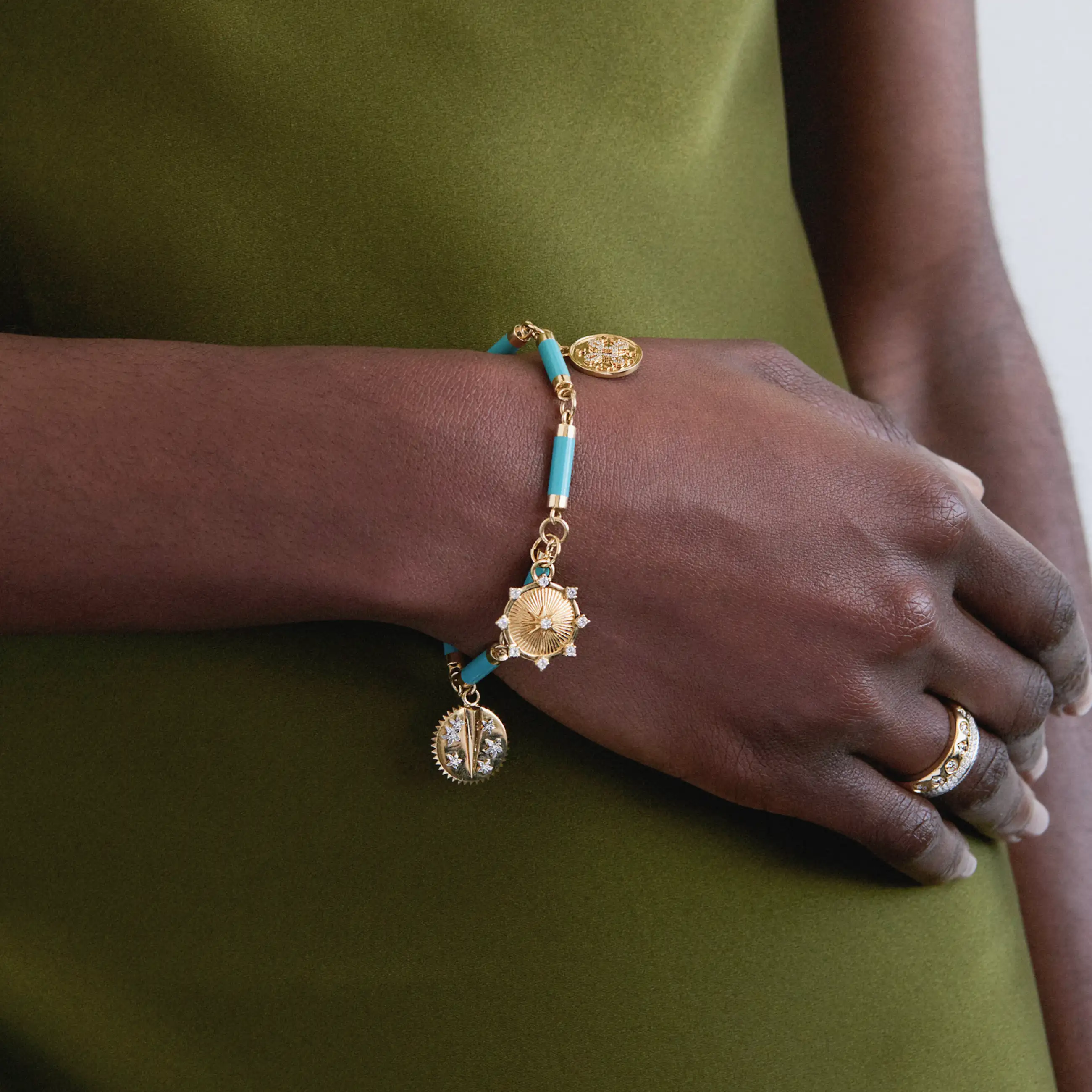Foundation - Reverie | Spark and Blossoms Ceramic Element Charm Bracelet | Aqua Ceramic, Diamonds, Yellow Gold - Image 2