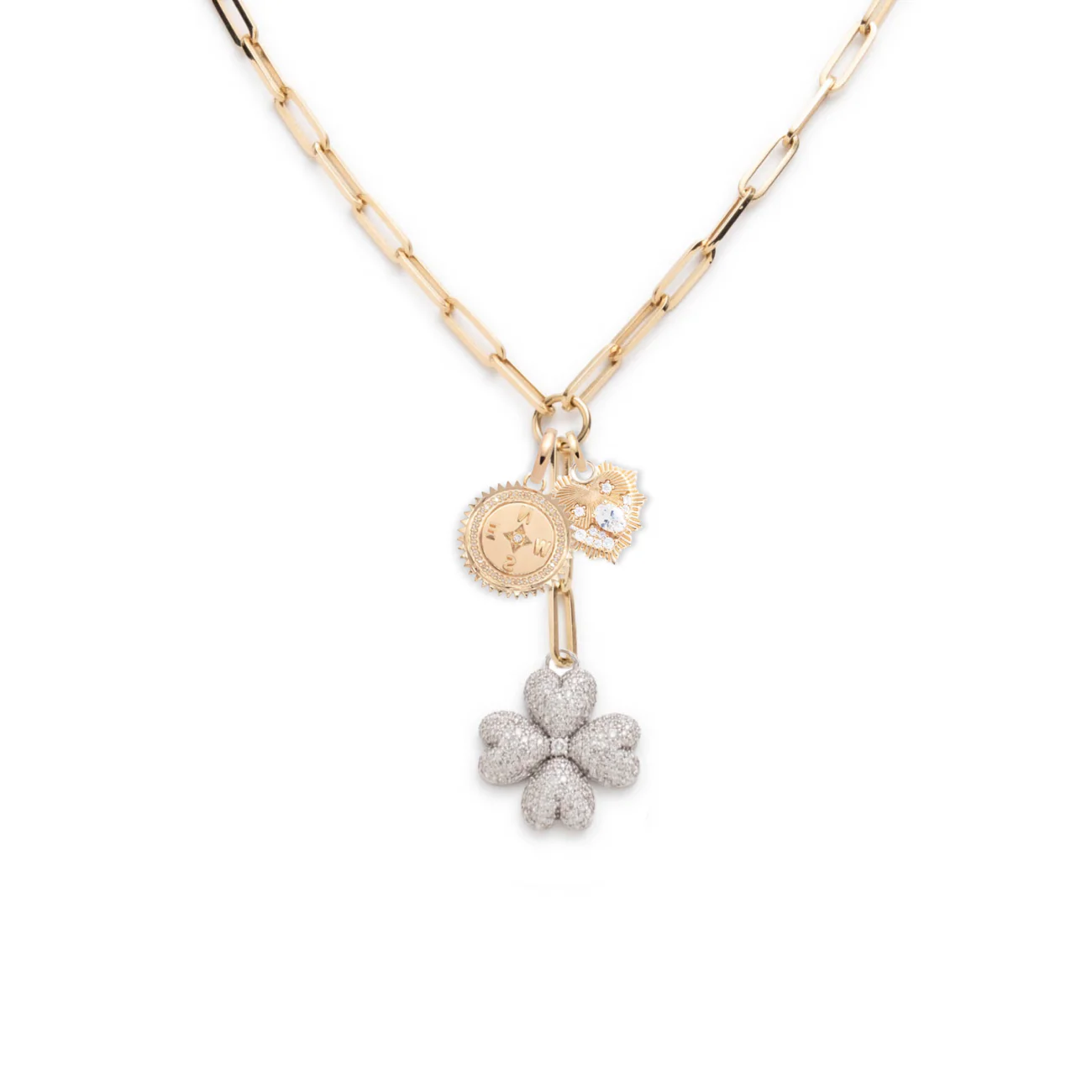 True Love - Internal Compass | Snow Pavé Four Heart Clover Medium Clip Extension Necklace | Diamonds, Mixed Gold