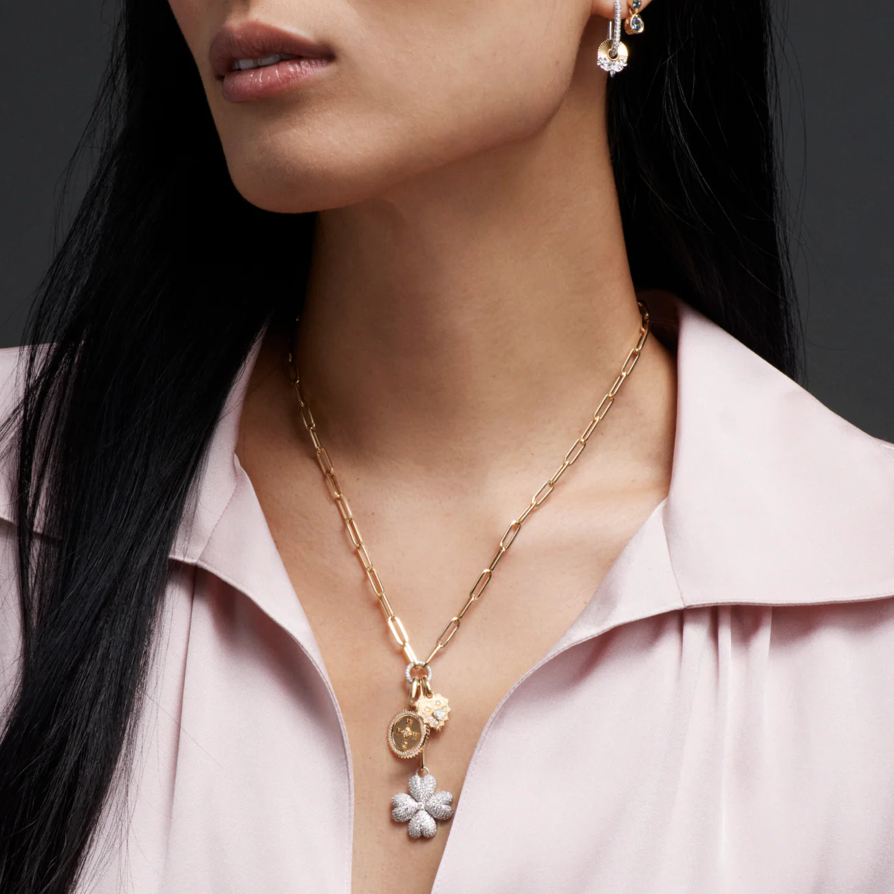 True Love - Internal Compass | Snow Pavé Four Heart Clover Medium Clip Extension Necklace | Diamonds, Mixed Gold - Image 2