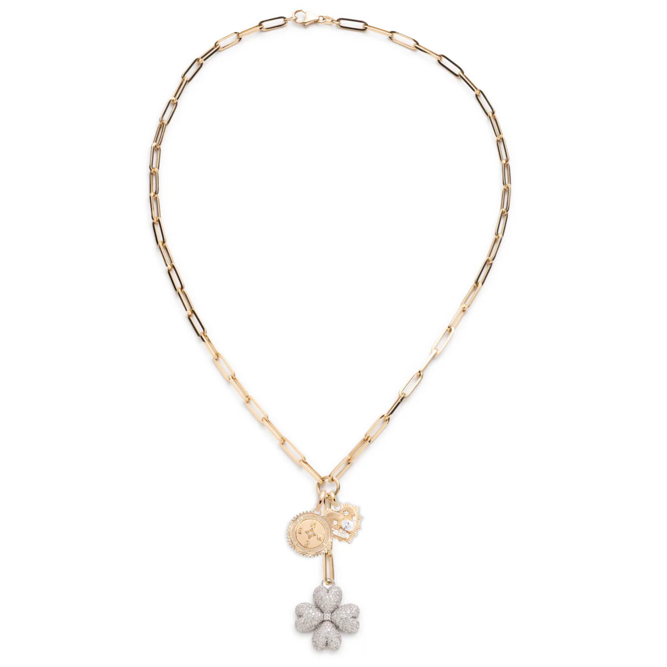 True Love - Internal Compass | Snow Pavé Four Heart Clover Medium Clip Extension Necklace | Diamonds, Mixed Gold - Image 3