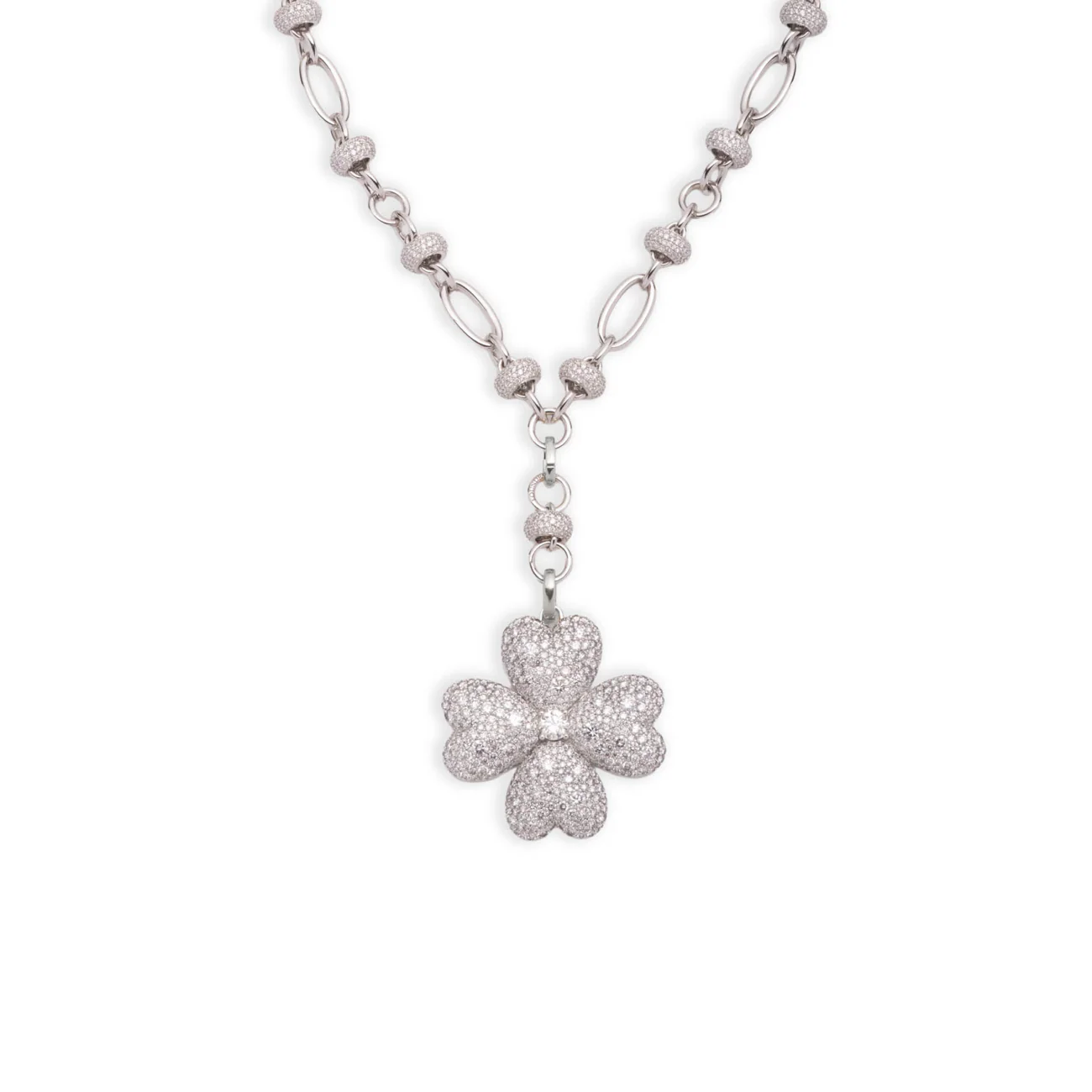 True Love | Snow Pavé Four Heart Clover Orbit Extension Necklace | Diamonds, White Gold
