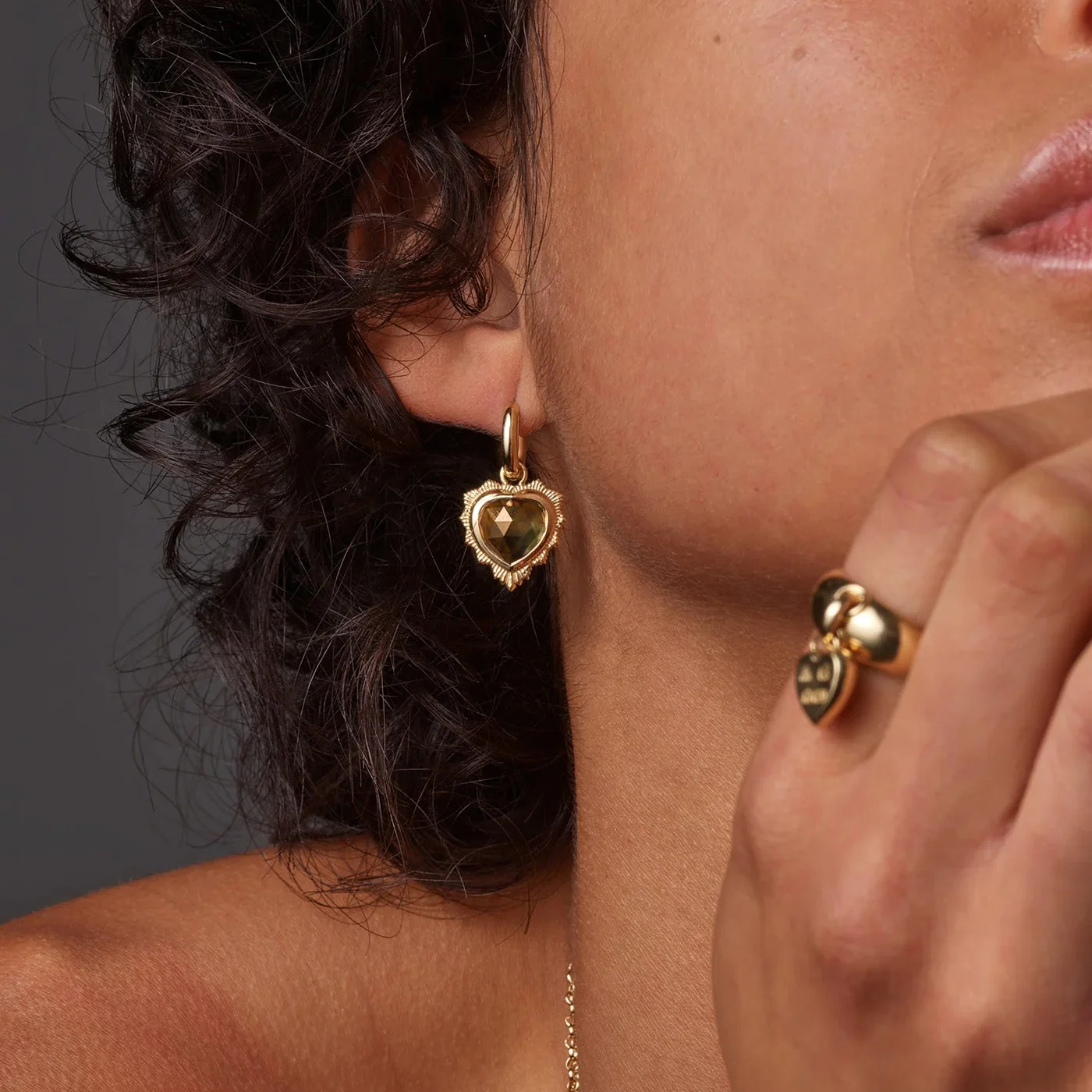 True Love | Gemstone Heart Small Chubby Hoop Earring | Champagne Citrine, Yellow Gold - Image 2