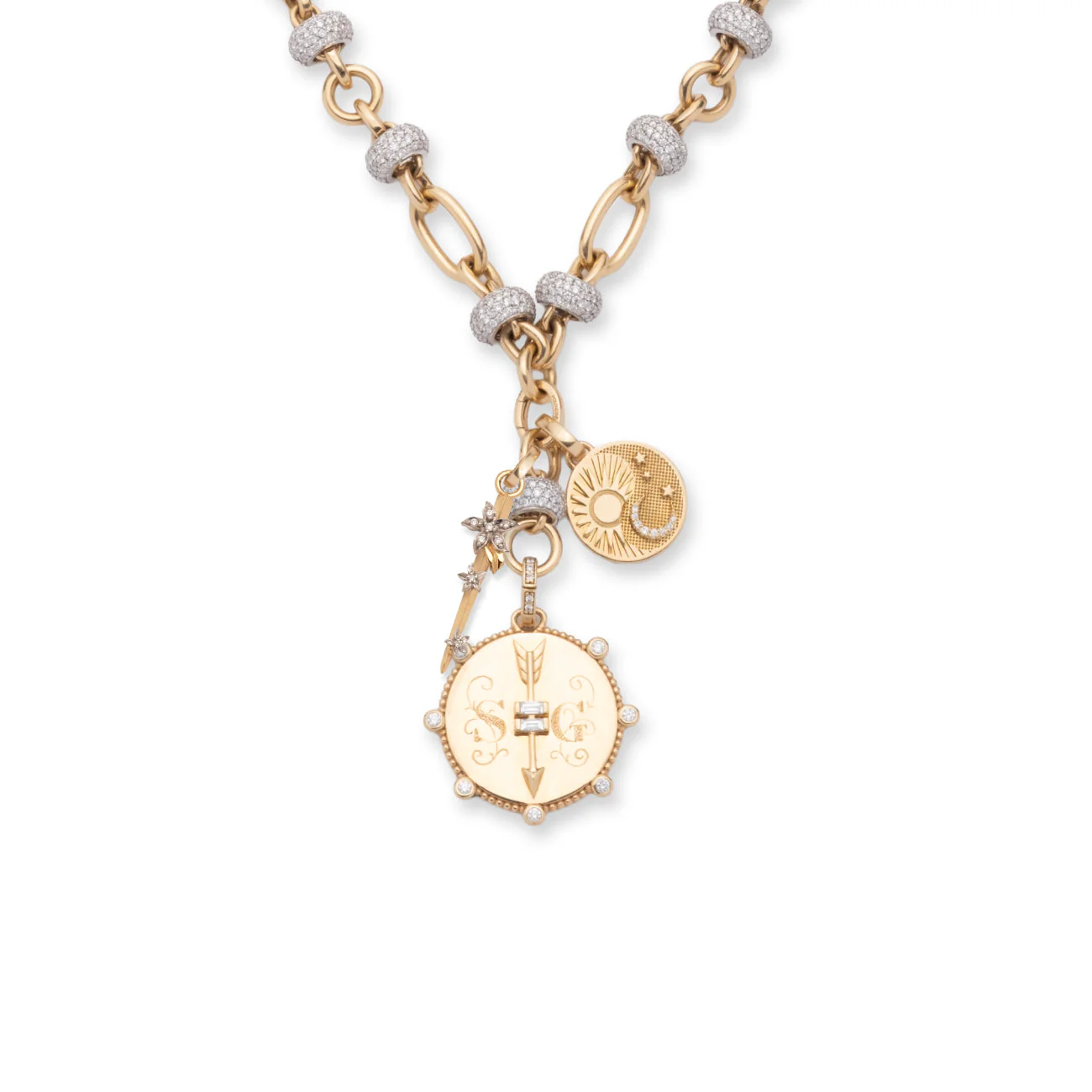 Personalized - True Love | Heart at Peace and Thorn Pavé Orbit Extension Necklace | Diamonds, Yellow Gold