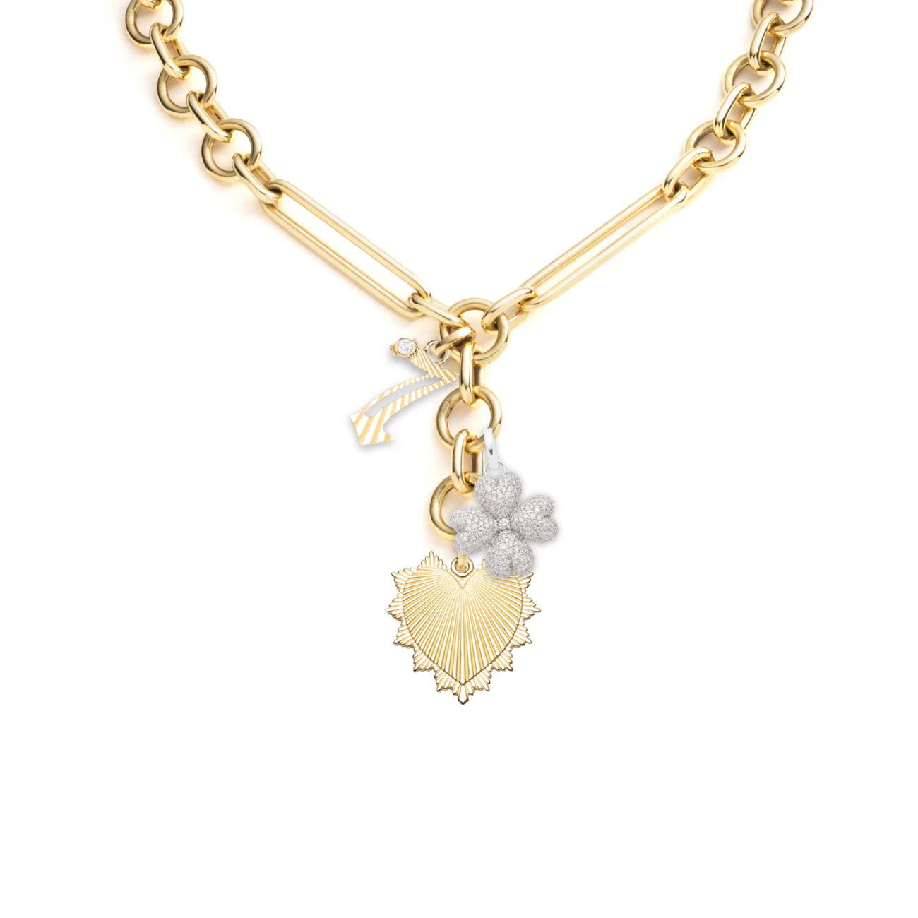 Personalized - True Love | Heart Love Token and Number Oversized Mixed Clip Necklace | Diamonds, Mixed Gold