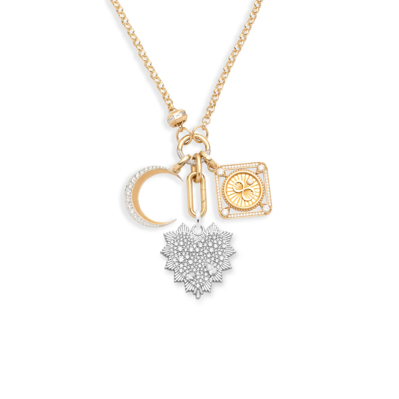 True Love - Infinite Gratitude | Snow Pavé Heart Love Token and Karma Framed Heavy Belcher Open Chain | Diamonds, Mixed Gold
