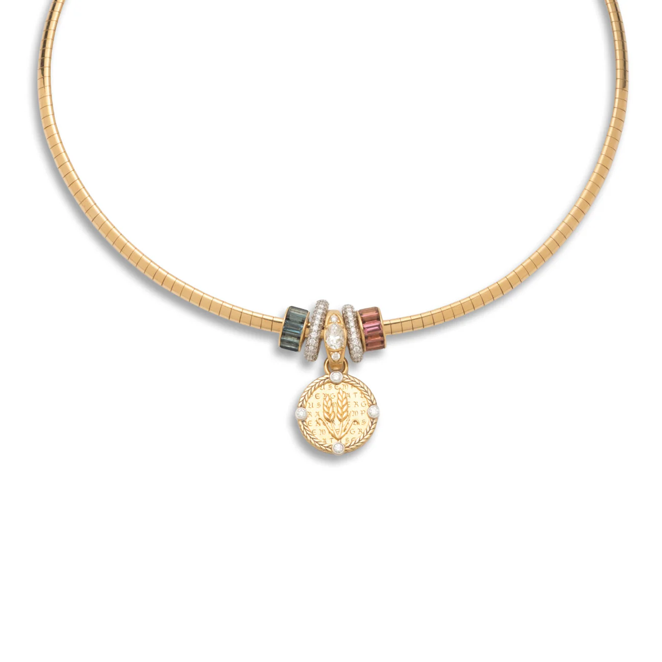 Infinite Gratitude - True Love | Braided Wheat and Heart Beats Small Sleek Collar Necklace | Blue Sapphire, Pink Tourmaline, Diamonds, Mixed Gold