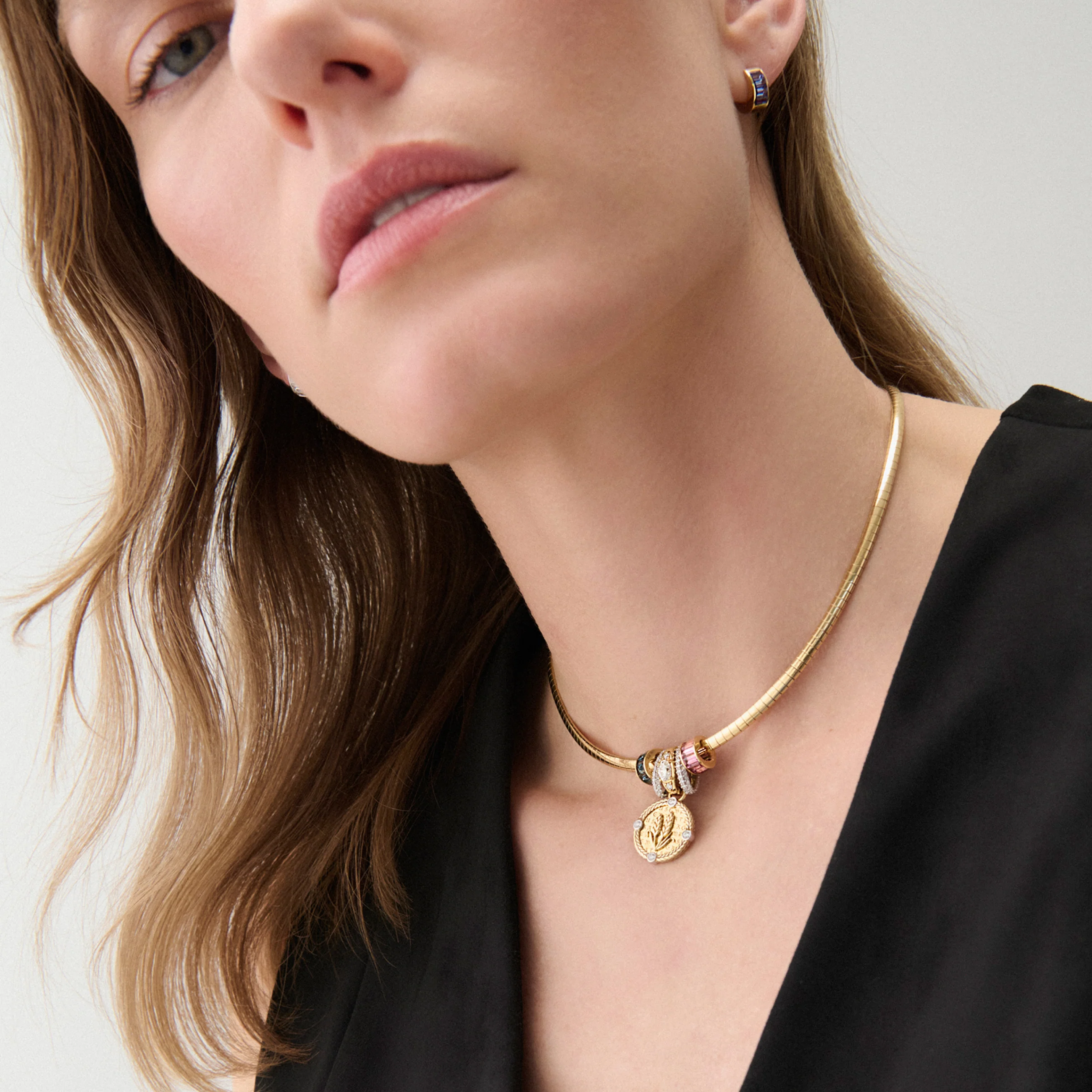 Infinite Gratitude - True Love | Braided Wheat and Heart Beats Small Sleek Collar Necklace | Blue Sapphire, Pink Tourmaline, Diamonds, Mixed Gold - Image 2