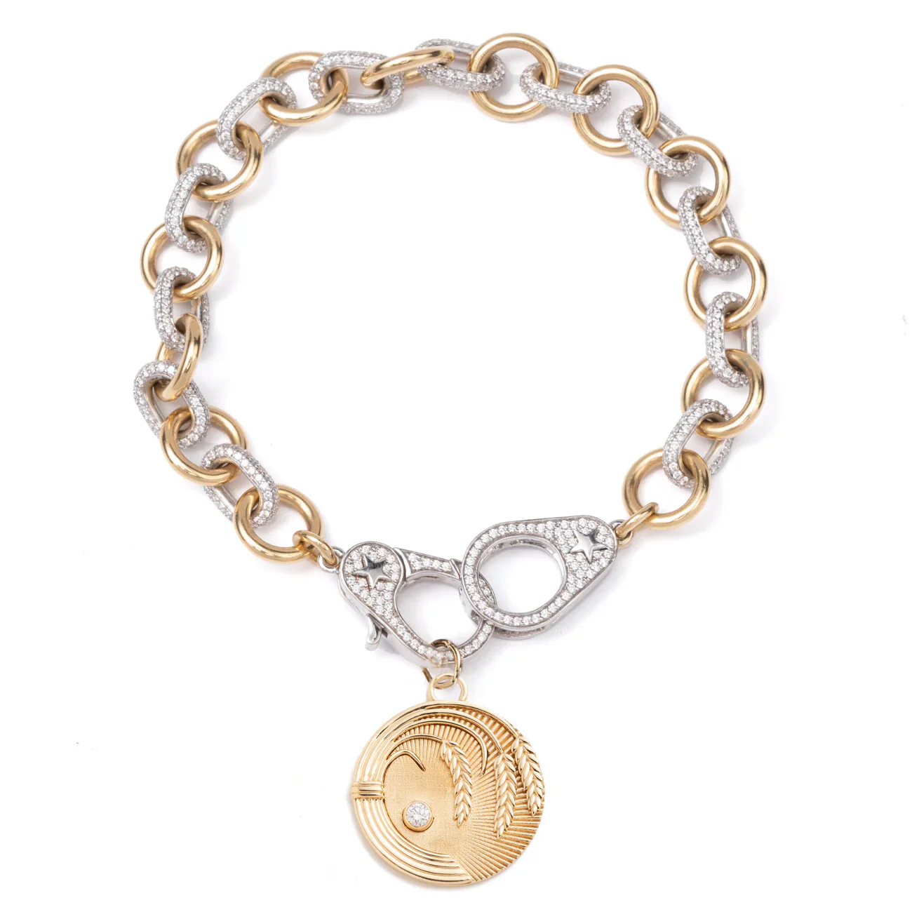 Infinite Gratitude | Braided Wheat Pavé Midsized Mixed Link Bracelet with Sister Hooks | Diamonds, Mixed Gold