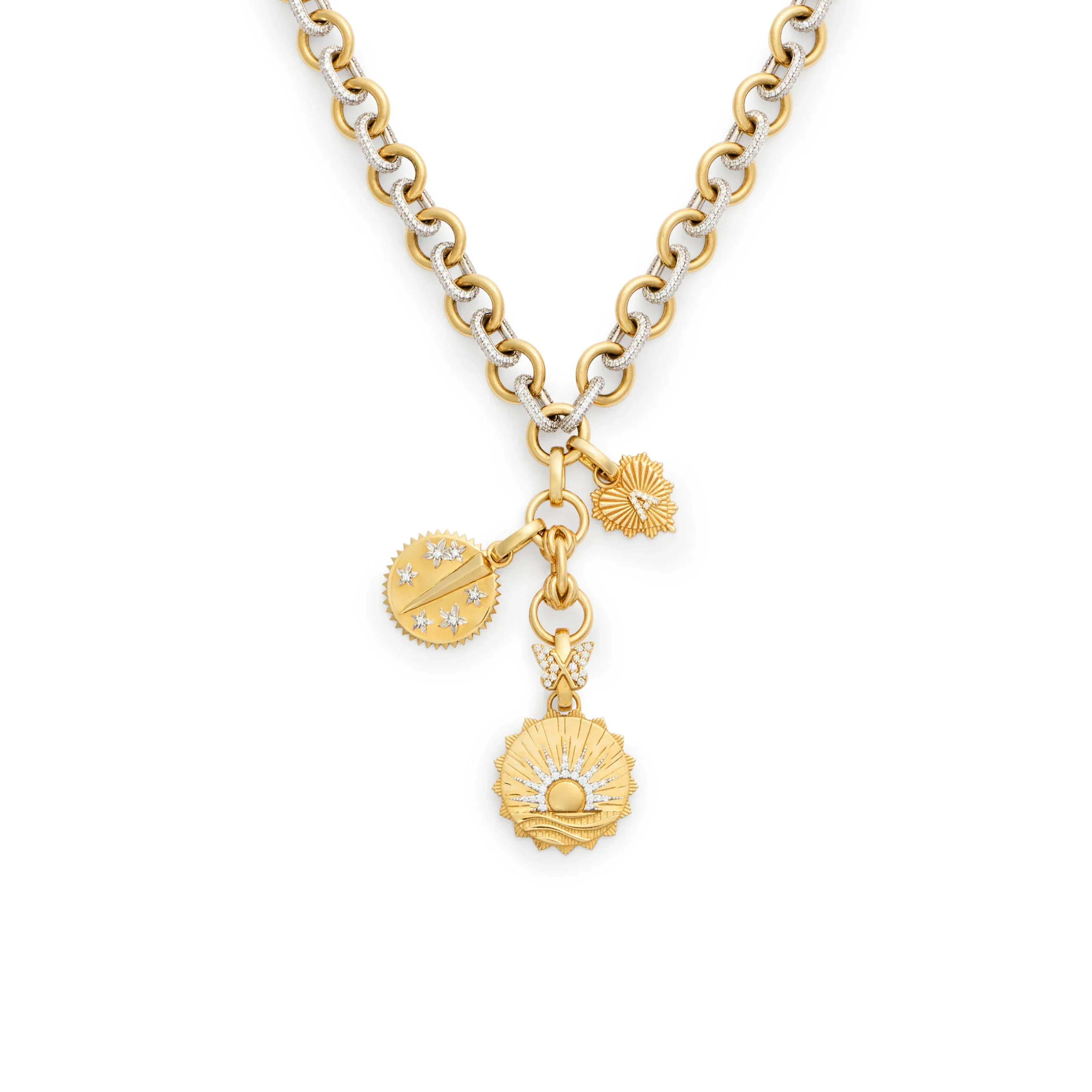 Personalized - Internal Compass | New Beginnings and Initial Heart Love Token Midsized Mixed Link Necklace | Diamonds, Mixed Gold