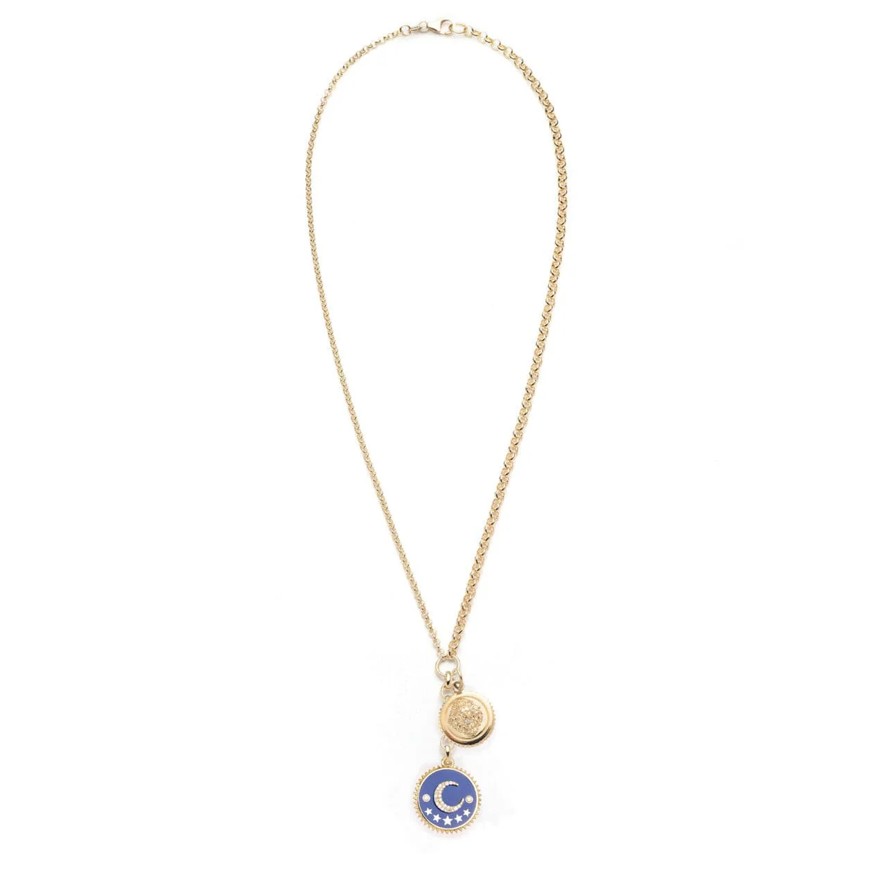 Infinite Gratitude - Strength | Crescent and Strength Medium Mixed Belcher Extension Necklace | Diamonds, Blue Ceramic, Yellow Gold - Image 2
