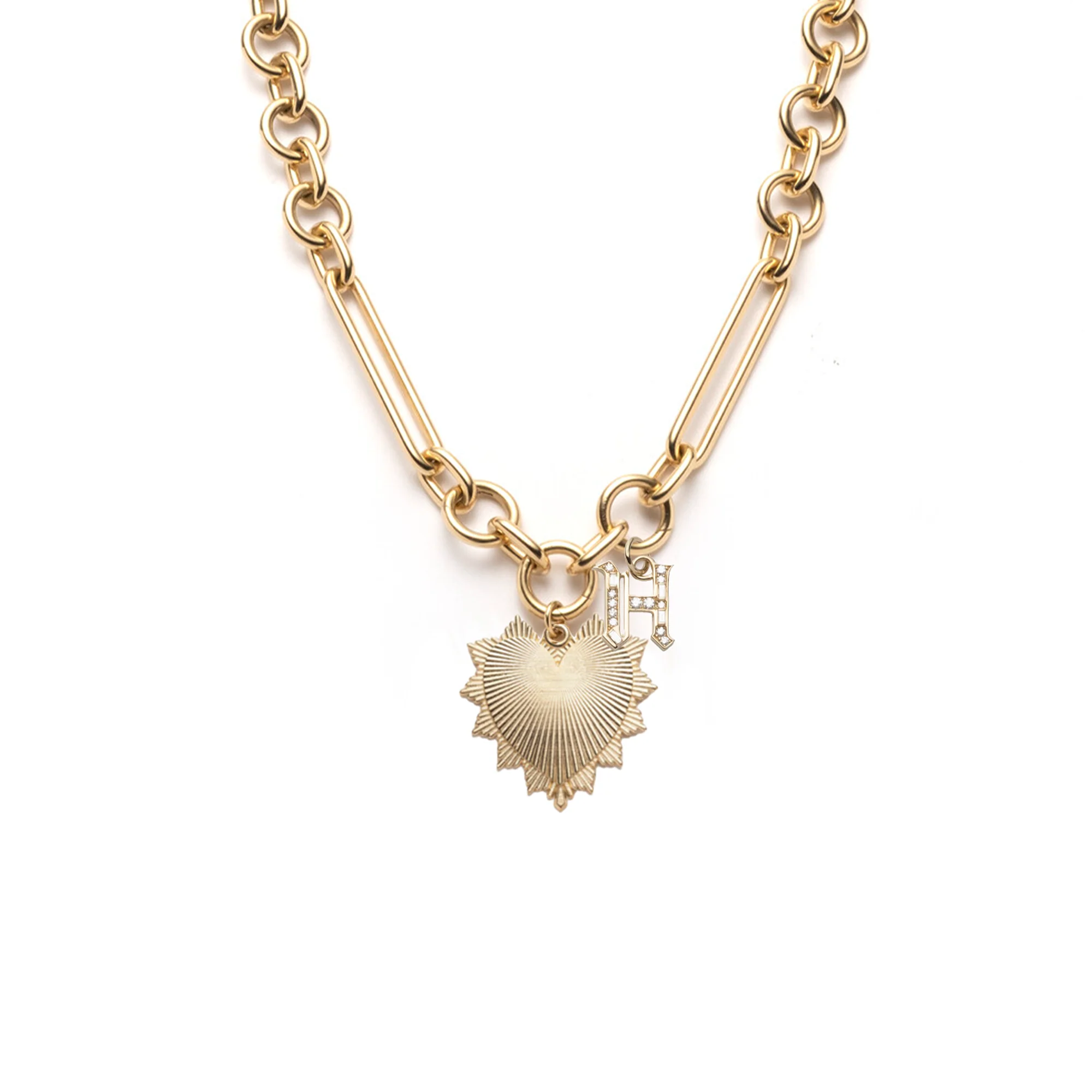 Personalized - True Love | Heart Love Token & Initial Oversized Mixed Clip Necklace | Diamonds, Yellow Gold - Image 4