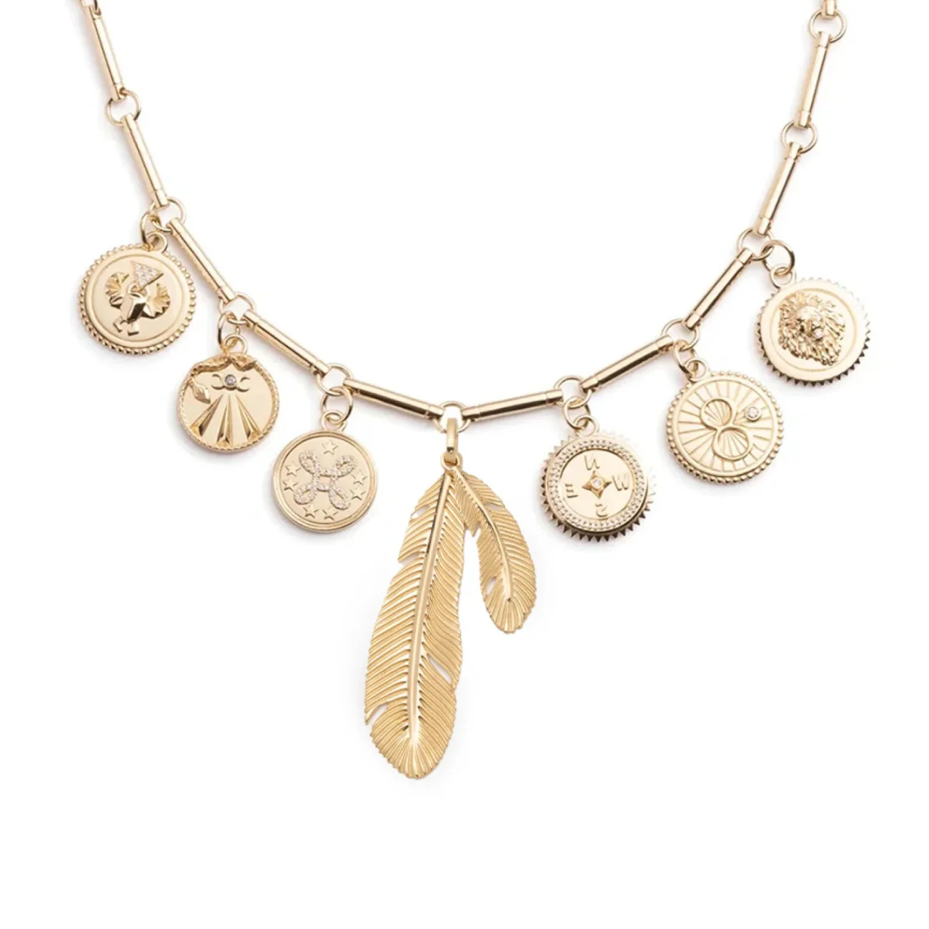 Vivacity | Feather Couplet and Multi-Tenet Element Necklace | Diamonds, Yellow Gold