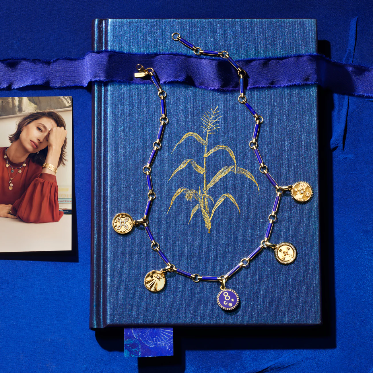 Infinite Gratitude | Karma and Multi-Tenet Element Necklace | Diamonds, Lapis, Blue Ceramic, Yellow Gold - Image 5