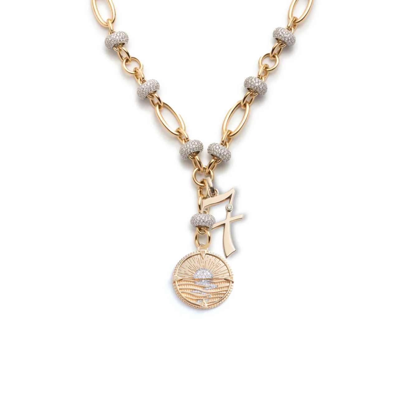Personalized - Internal Compass | New Beginnings and Engravable Number Pavé Orbit Extension Necklace | Diamonds, Yellow Gold
