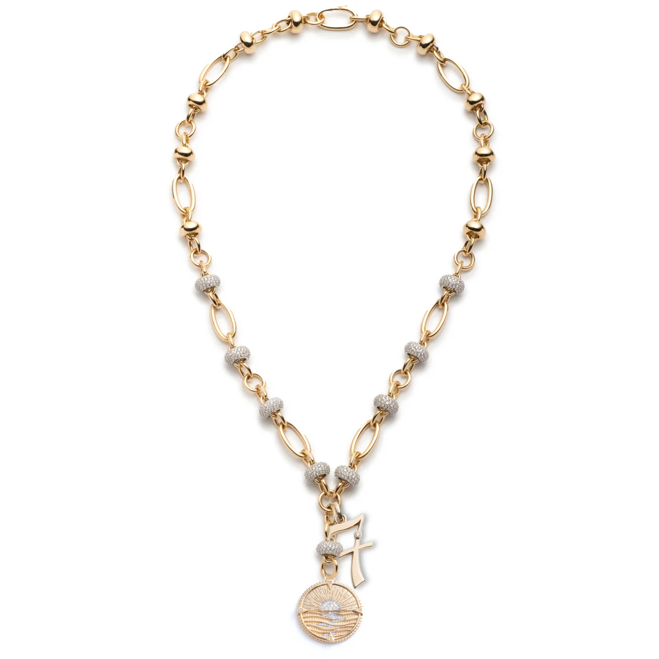 Personalized - Internal Compass | New Beginnings and Engravable Number Pavé Orbit Extension Necklace | Diamonds, Yellow Gold - Image 2