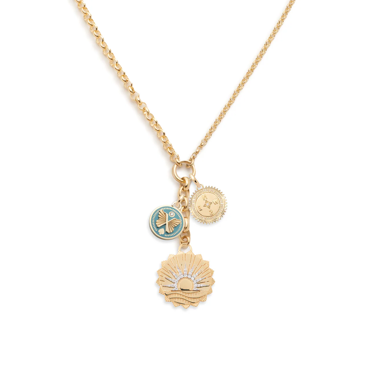 Internal Compass - Reverie | New Beginnings and Butterfly Medium Mixed Belcher Extension Necklace | Diamonds, Aqua Ceramic, Yellow Gold