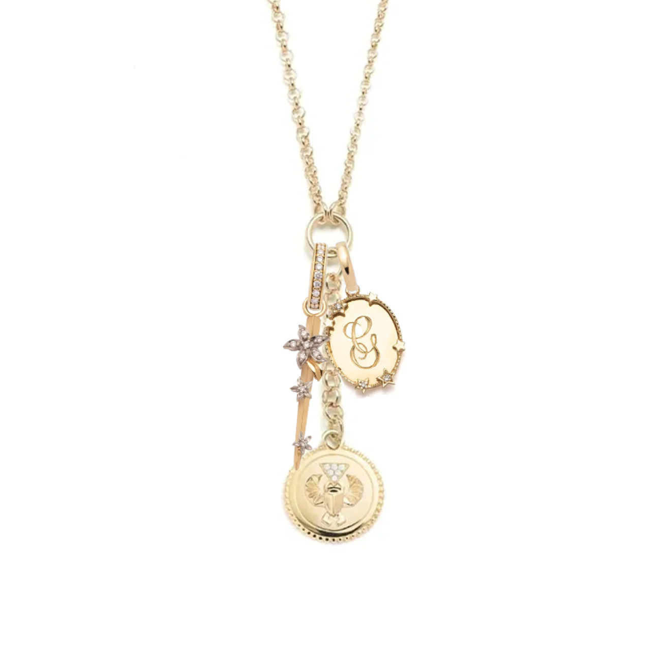 Personalized - Protection | Engravable Oval and Thorn Small Mixed Belcher Extension Necklace | Diamonds, Mixed Gold