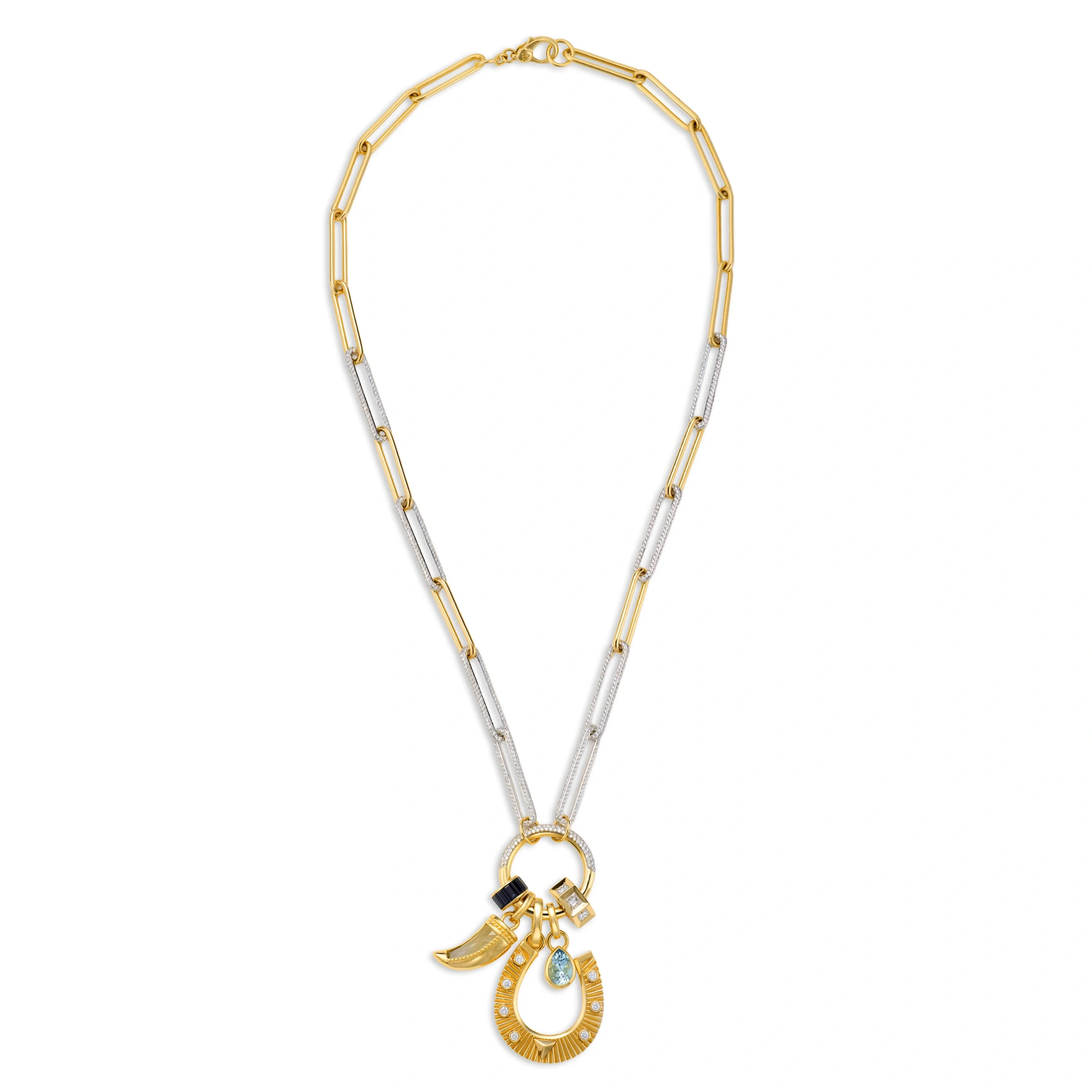 Protection - True Love | Horseshoe and La Loba Claw Diamond Link Open Necklace | Multi-Stone, Mixed Gold - Image 4