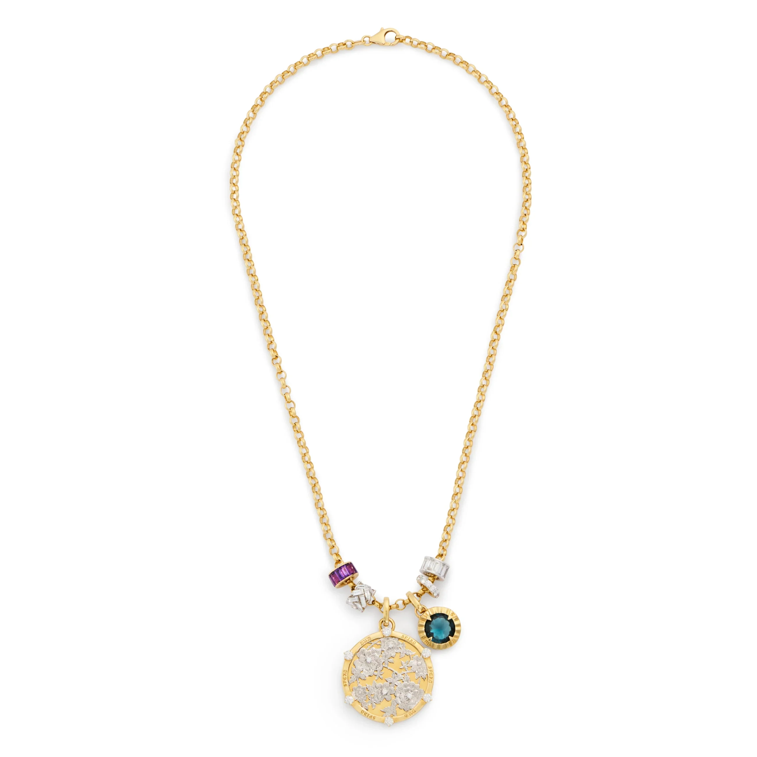 Resilience - Internal Compass | Floral Screen and Heart Beats Medium Belcher Necklace | Diamonds, London Blue Topaz, Amethyst, Mixed Gold - Image 3