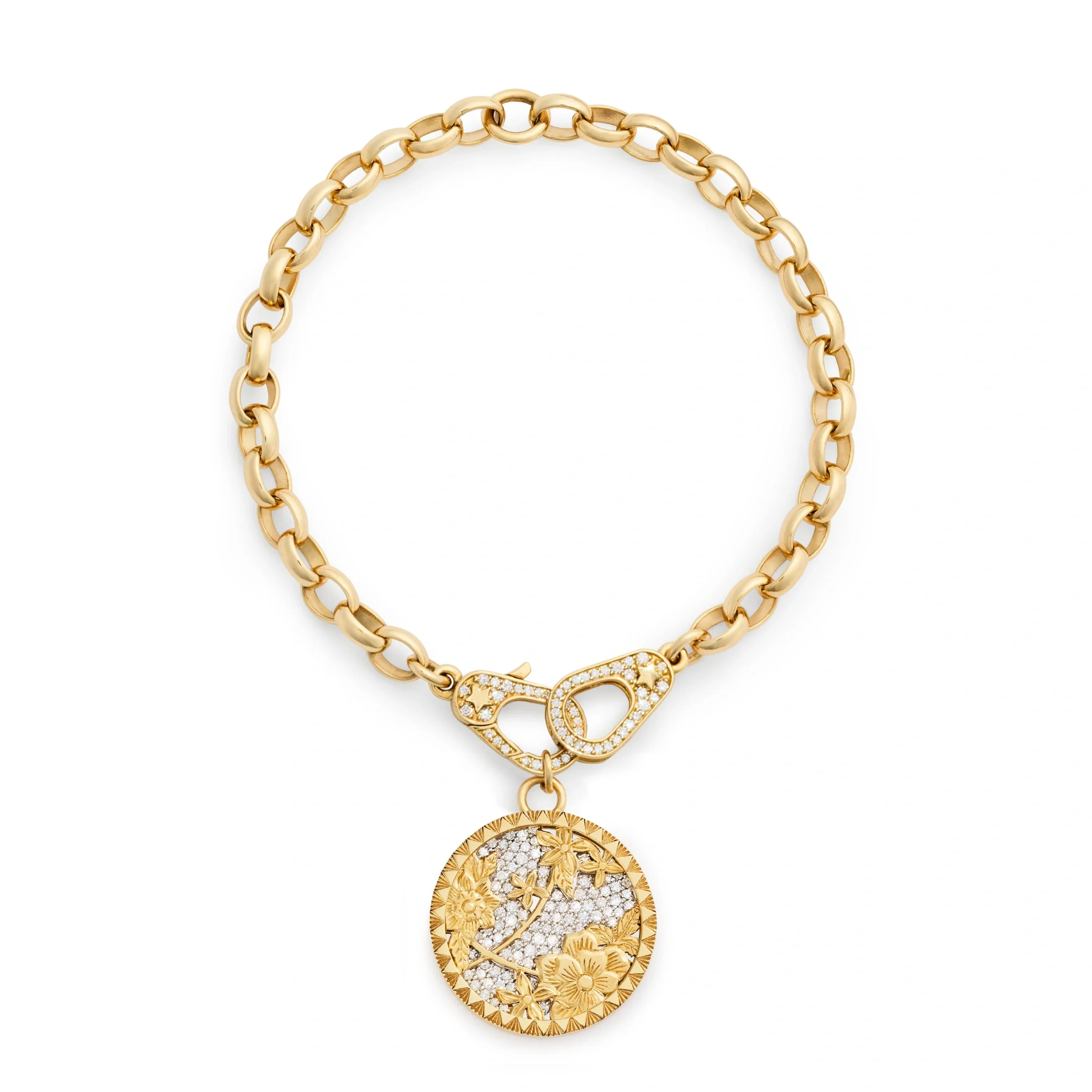 Resilience | Pavé Floral Screen Heavy Belcher Bracelet with Sister Hooks | Diamonds, Yellow Gold