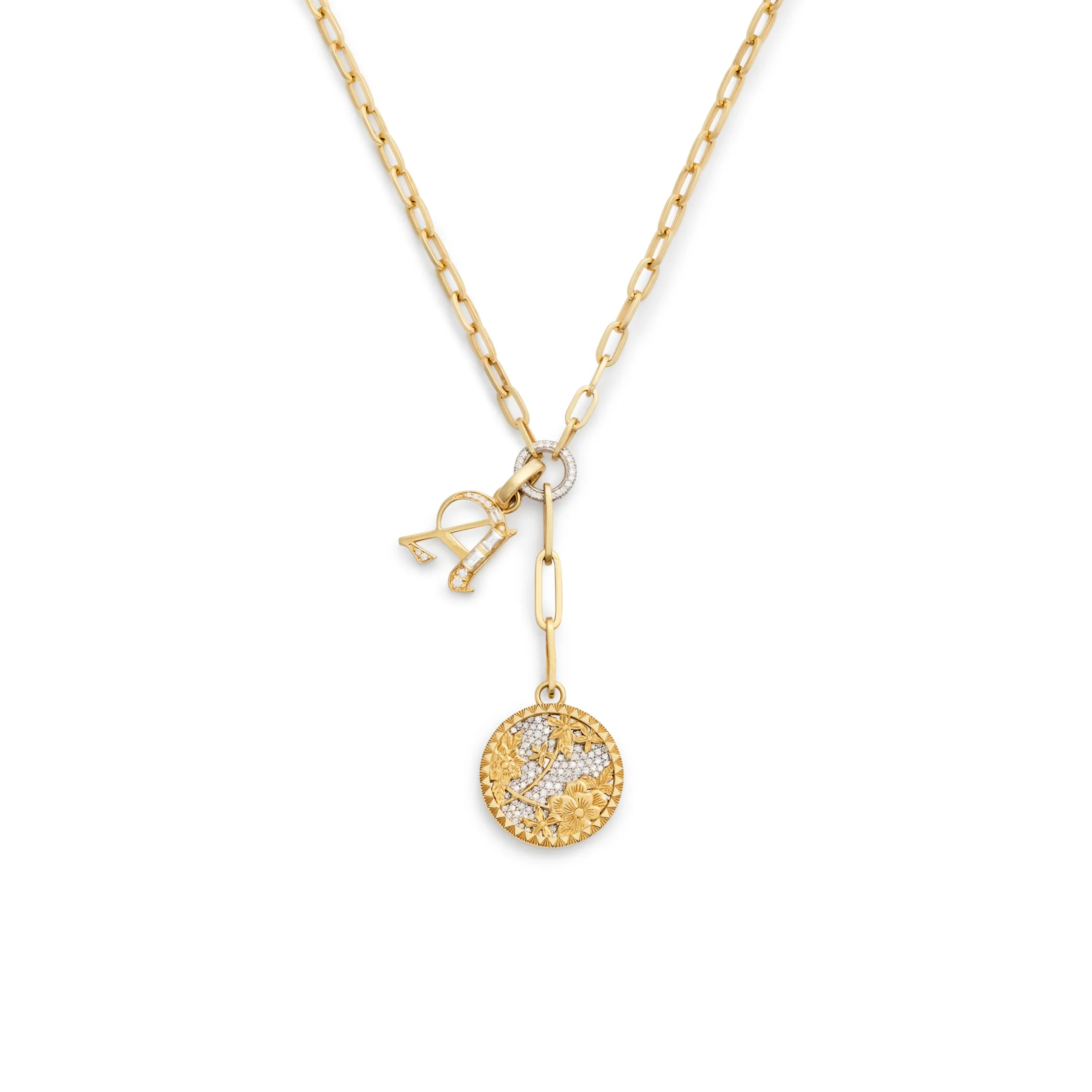 Personalized - Resilience | Pavé Floral Screen and Initial Medium Clip Extension Necklace | Diamonds, Yellow Gold