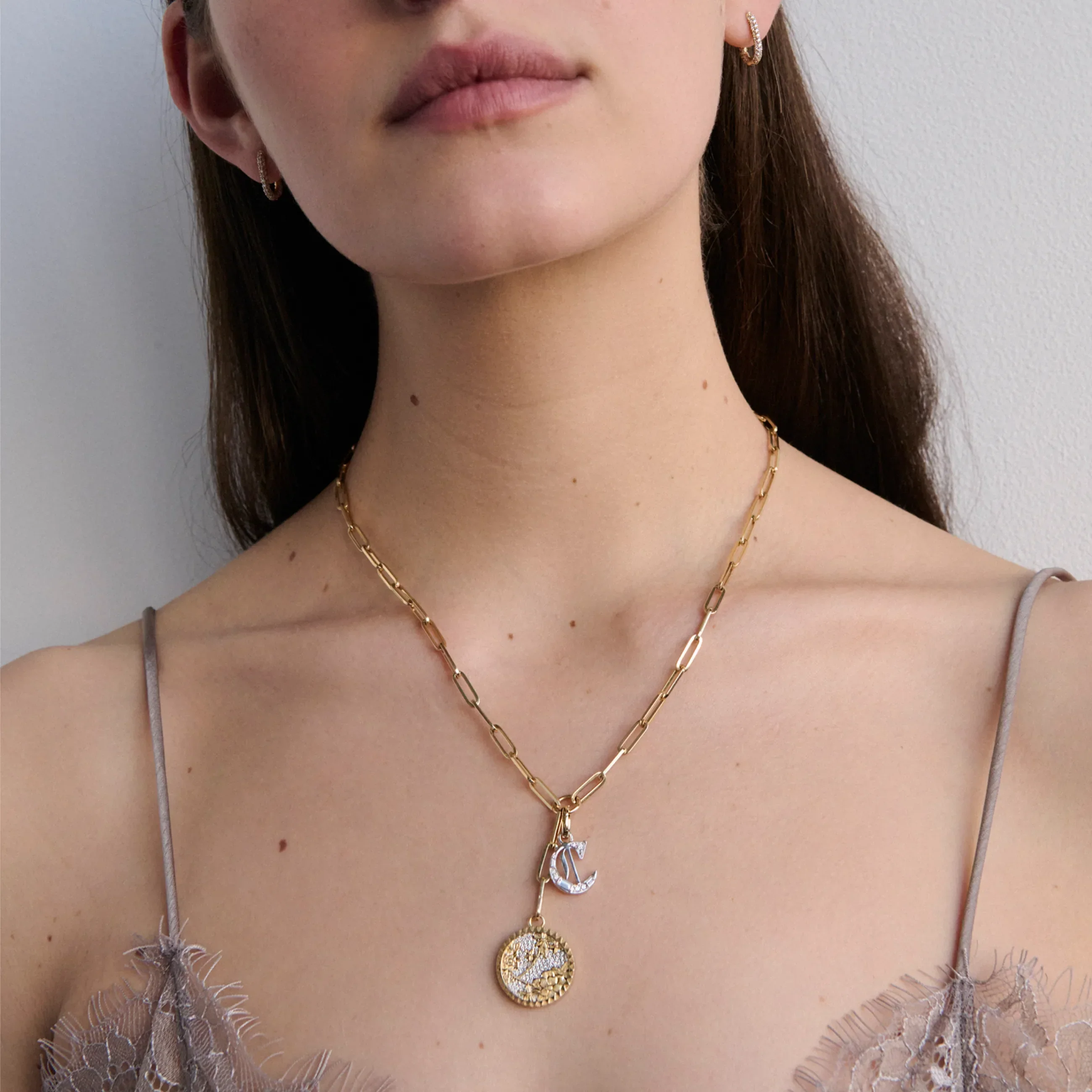 Personalized - Resilience | Pavé Floral Screen and Initial Medium Clip Extension Necklace | Diamonds, Yellow Gold - Image 2