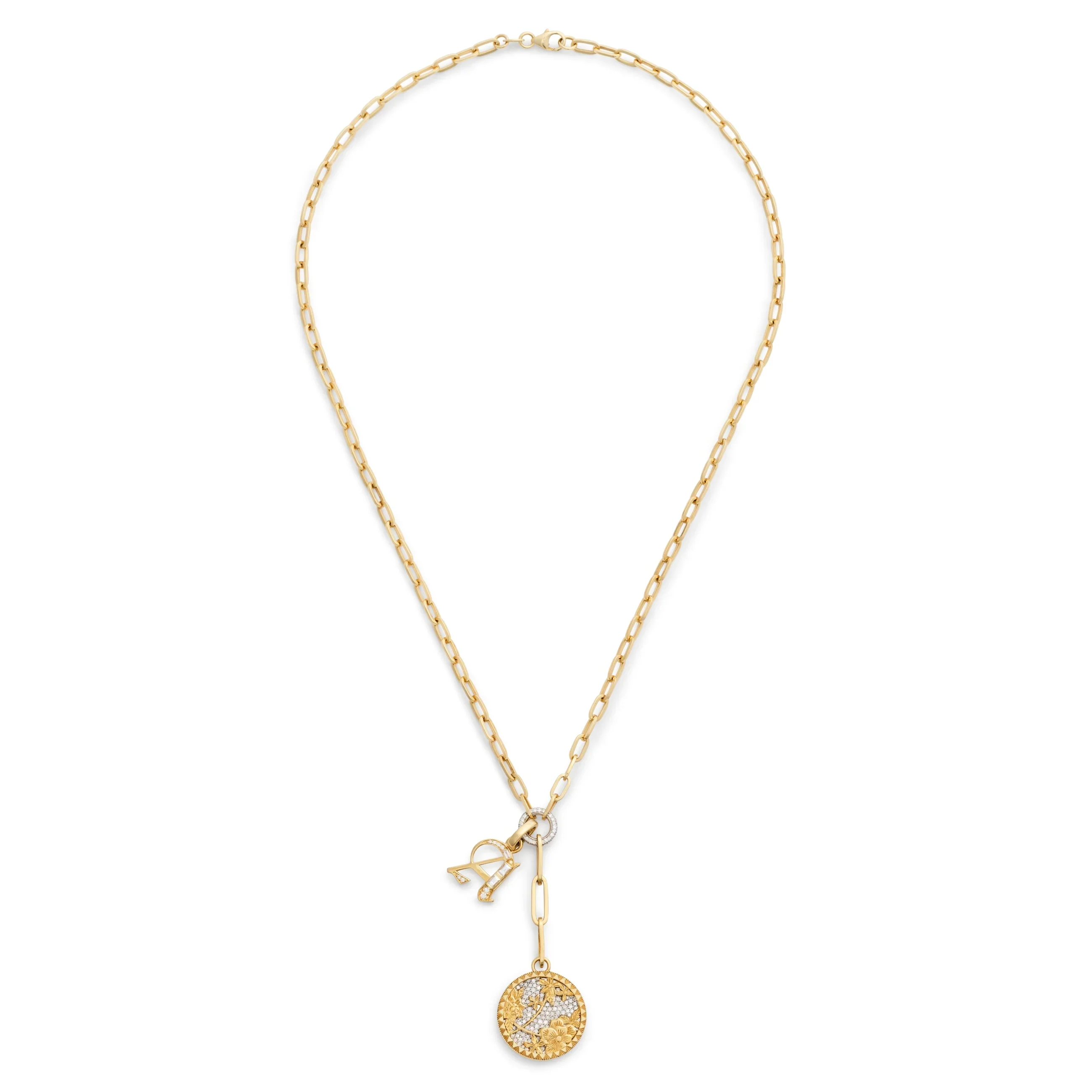 Personalized - Resilience | Pavé Floral Screen and Initial Medium Clip Extension Necklace | Diamonds, Yellow Gold - Image 3
