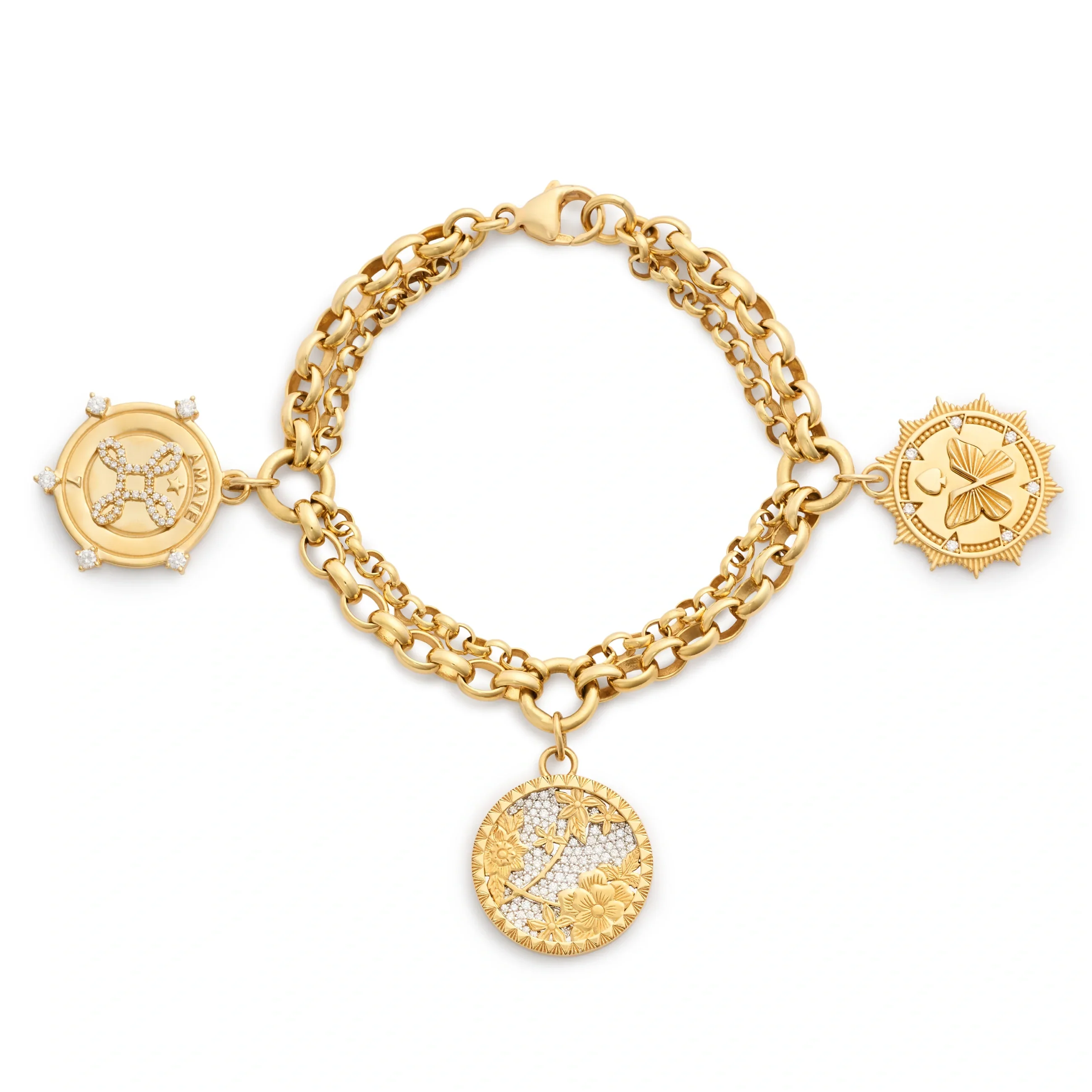 Resilience - Reverie | Pavé Floral Screen and Butterfly Festoon Charm Bracelet | Diamonds, Yellow Gold