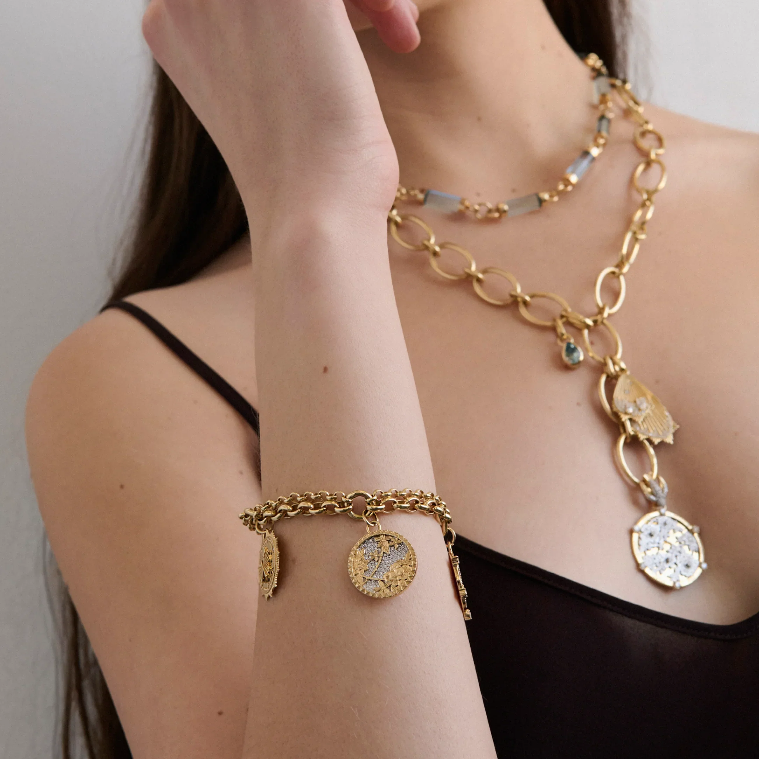 Resilience - Reverie | Pavé Floral Screen and Butterfly Festoon Charm Bracelet | Diamonds, Yellow Gold - Image 2