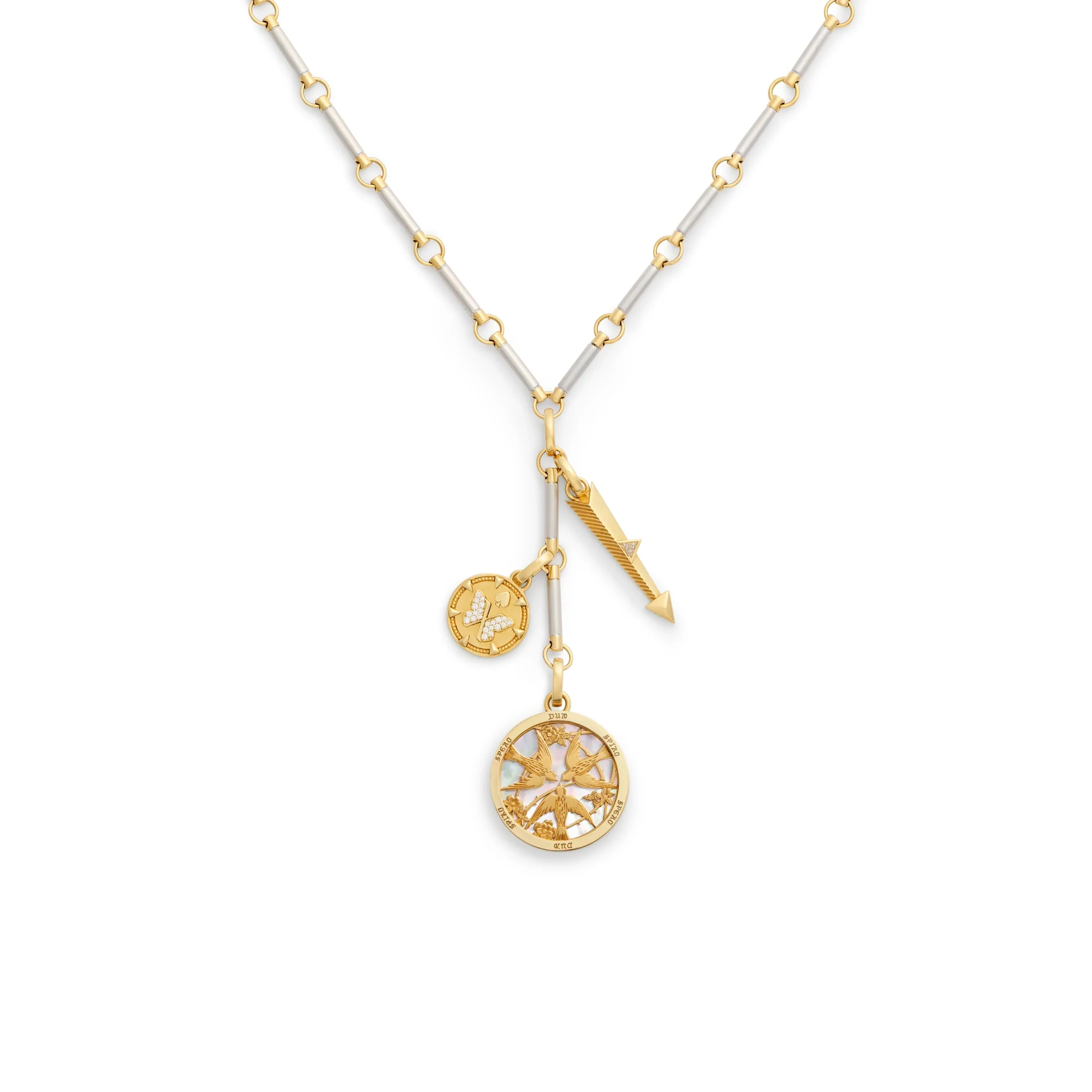 Resilience - Reverie | Sparrow and Butterfly Element Extension Necklace | Diamonds, Mother of Pearl, Mixed Gold