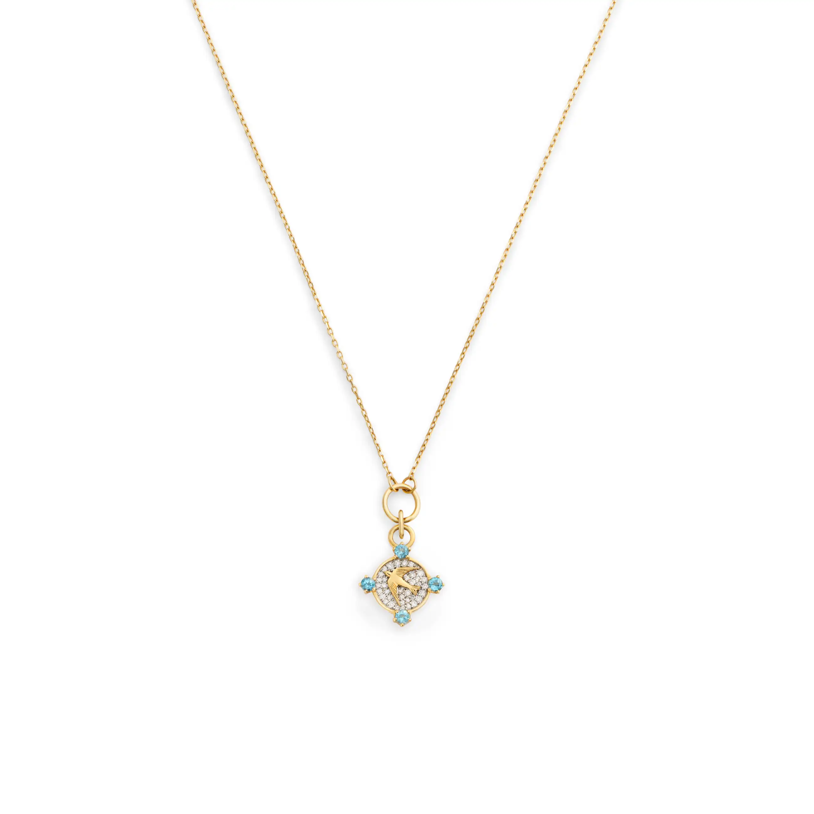 Resilience | Pavé Sparrow Thread Necklace | Diamonds, Swiss Blue Topaz, Yellow Gold