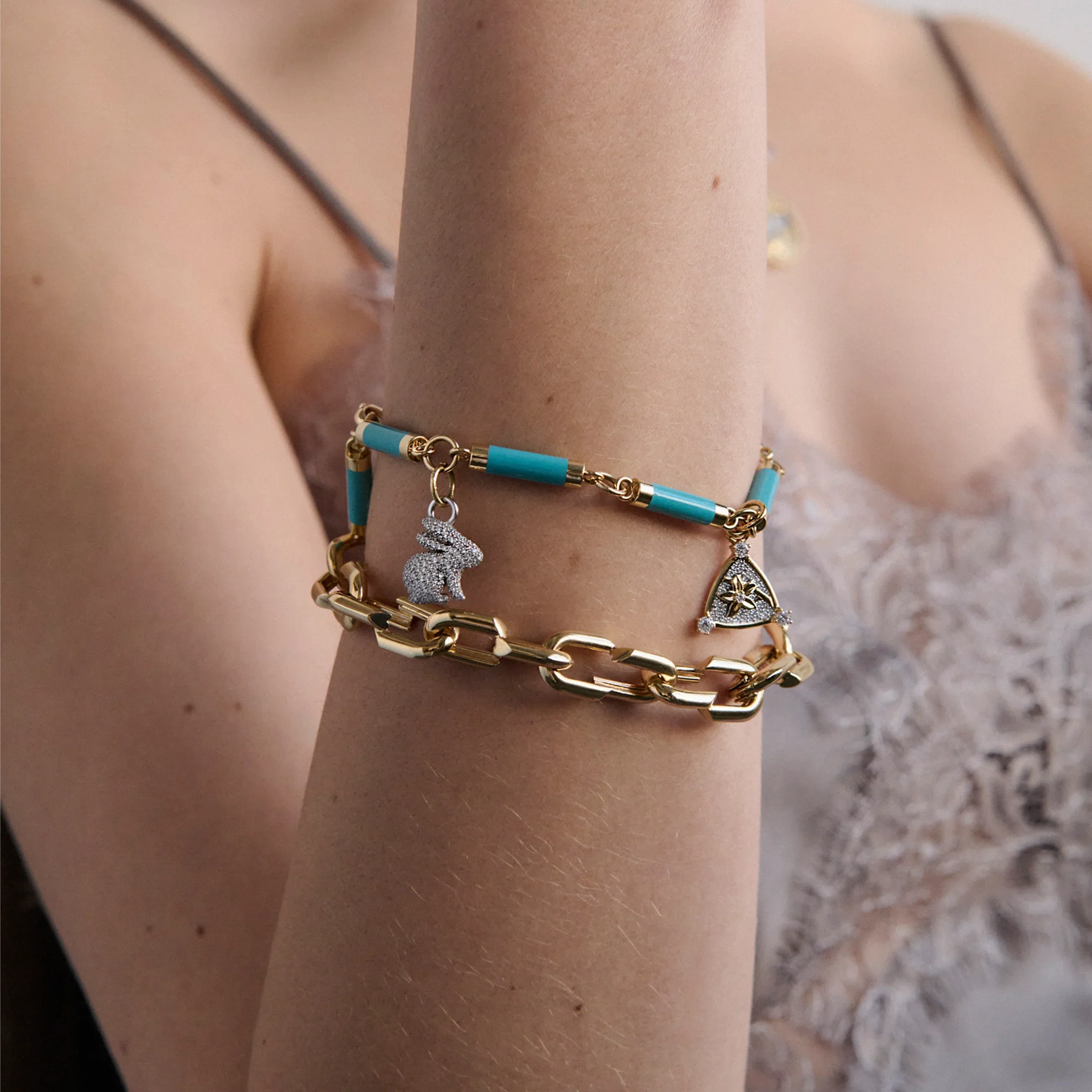 Resilience - True Love | Blossoms and Pavé Bunny Ceramic Element Charm Bracelet | Aqua Ceramic, Diamonds, Mixed Gold - Image 2