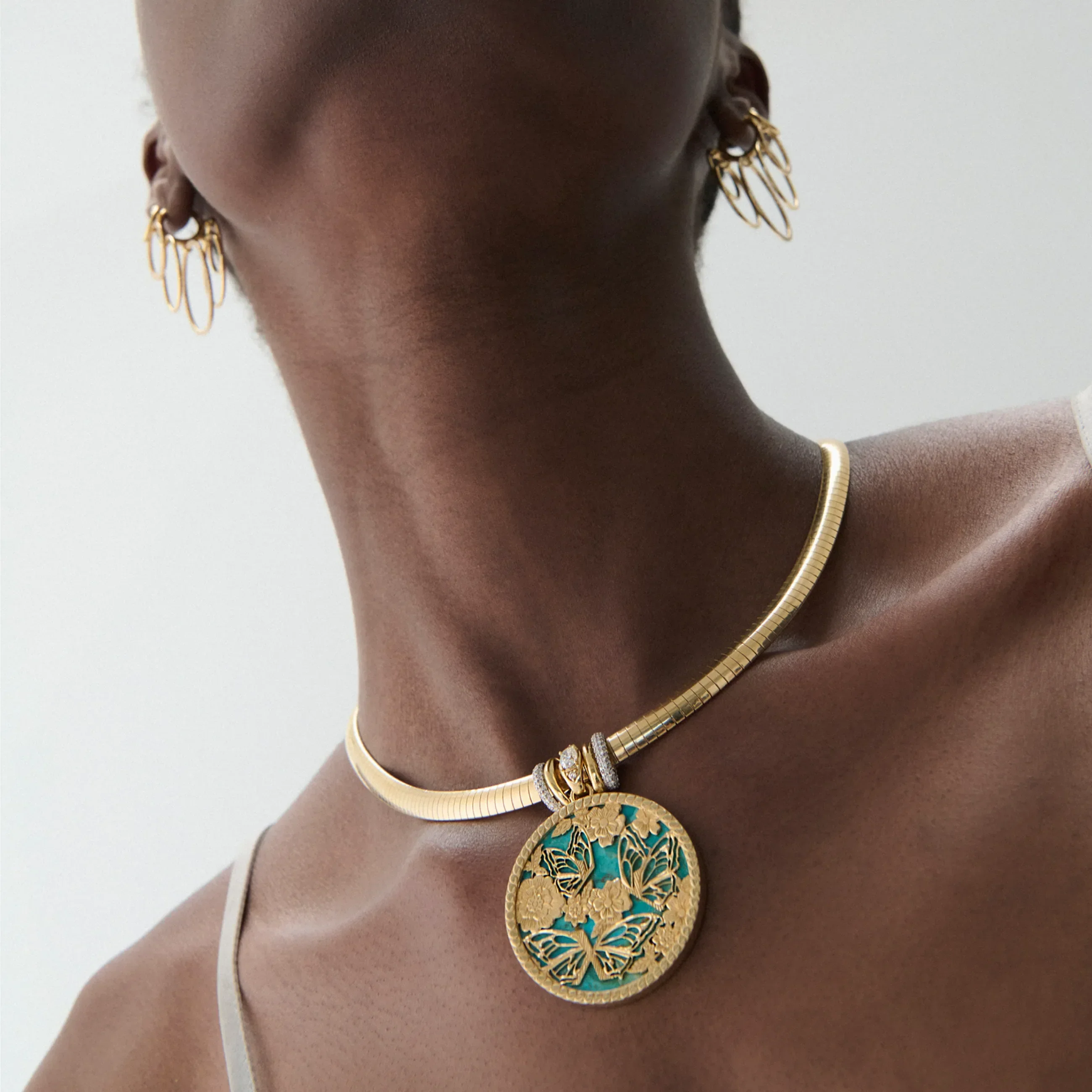 Reverie | Butterfly Screen on Stone and Heart Slides Medium Sleek Collar Necklace | Diamonds, Turquoise, Mixed Gold - Image 2
