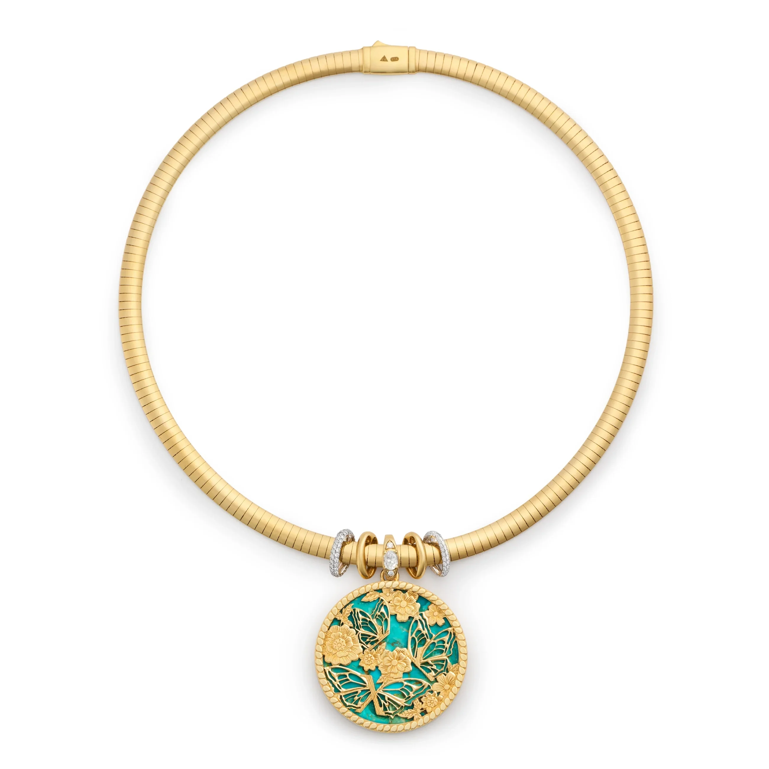 Reverie | Butterfly Screen on Stone and Heart Slides Medium Sleek Collar Necklace | Diamonds, Turquoise, Mixed Gold - Image 3