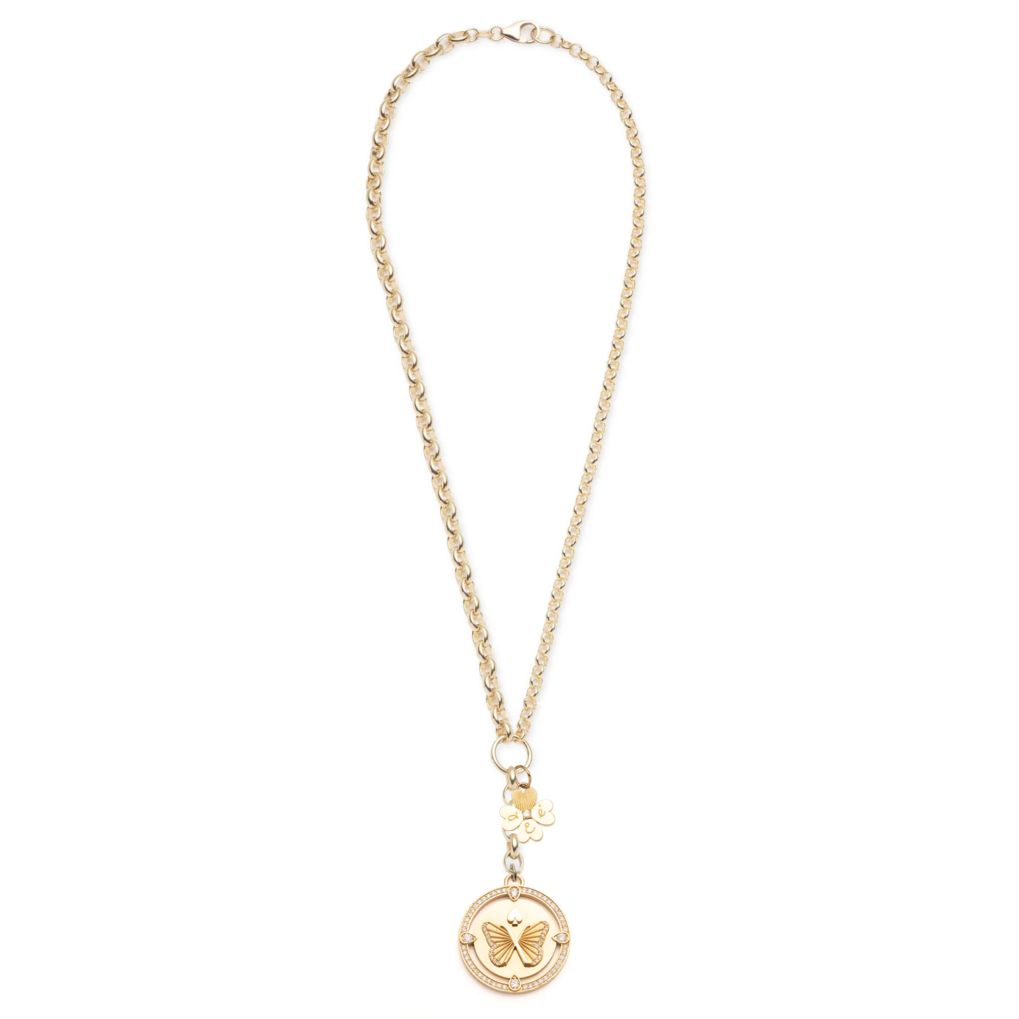 Personalized - Reverie | Butterfly and Engravable Four Heart Clover Heavy Mixed Belcher Extension Necklace | Diamonds, Yellow Gold - Image 3