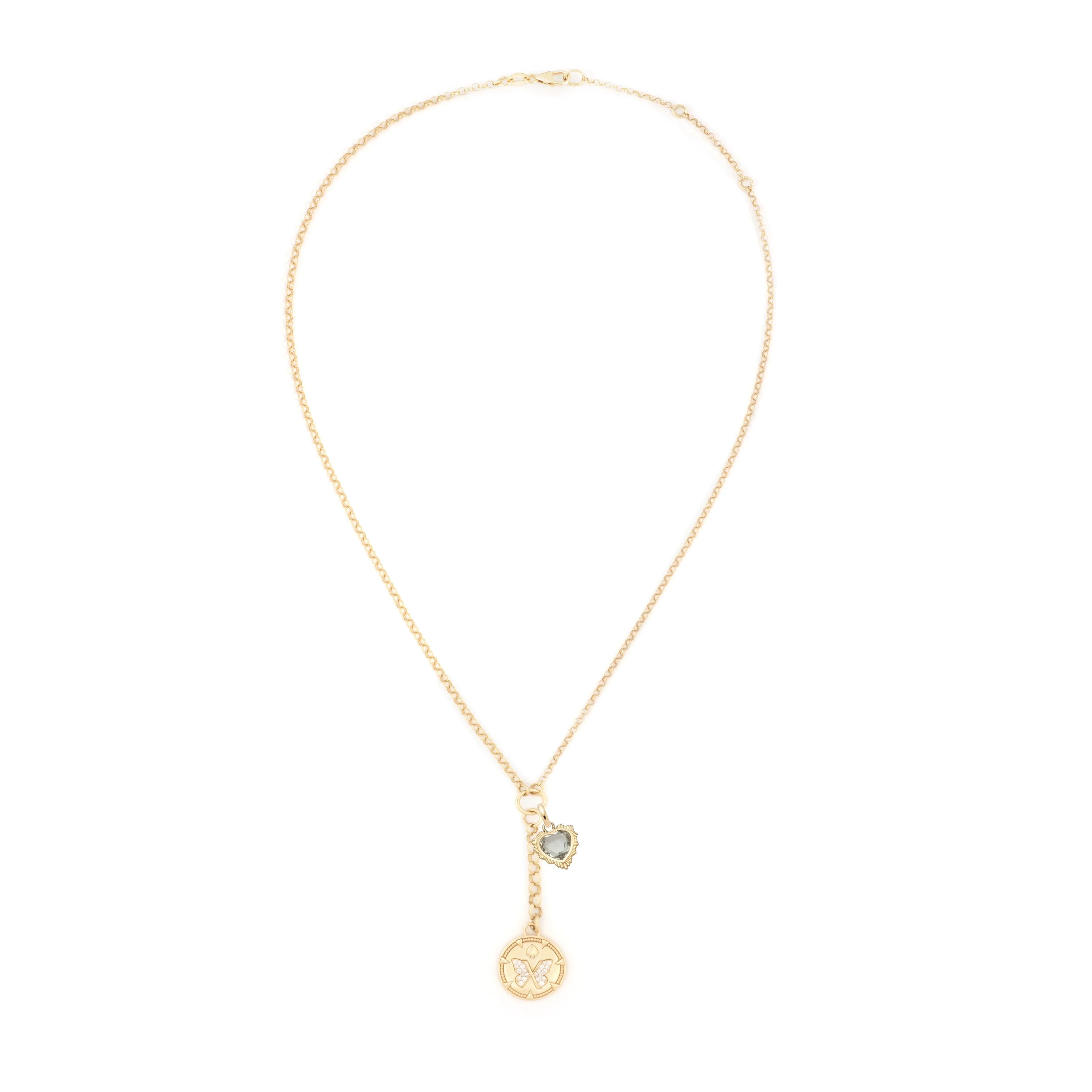 Reverie - True Love | Butterfly and Gemstone Heart Small Mixed Belcher Extension Necklace | Diamonds, Green Prasiolite, Yellow Gold - Image 3