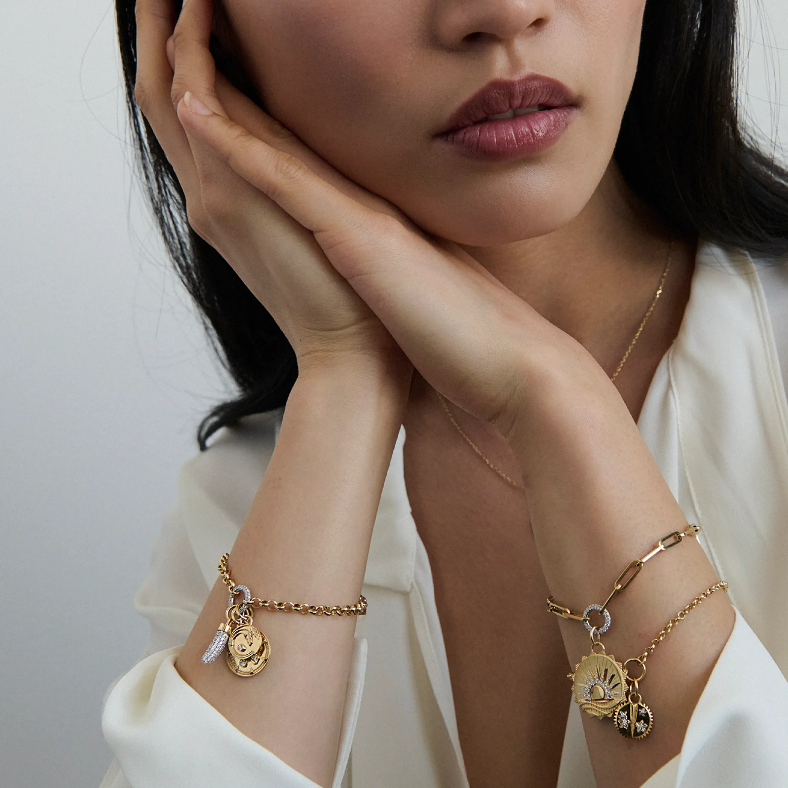 Reverie - Infinite Gratitude | Butterfly and Braided Wheat Medium Belcher Charm Bracelet | Diamonds, Mixed Gold - Image 2