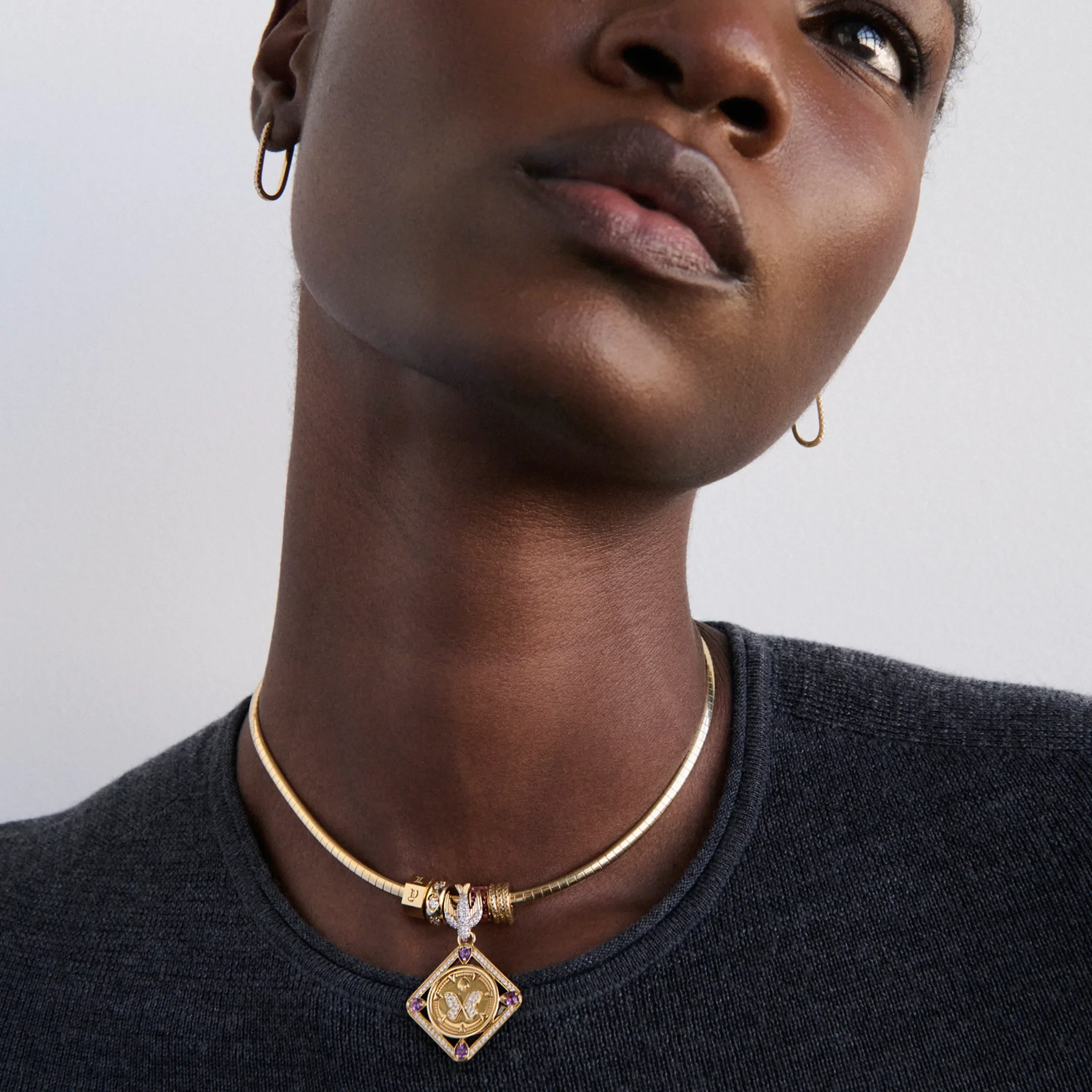 Personalized - Reverie | Butterfly Framed and Custom Heart Beat Small Sleek Collar Necklace | Diamonds, Amethyst, Champagne Citrine, Yellow Gold - Image 2