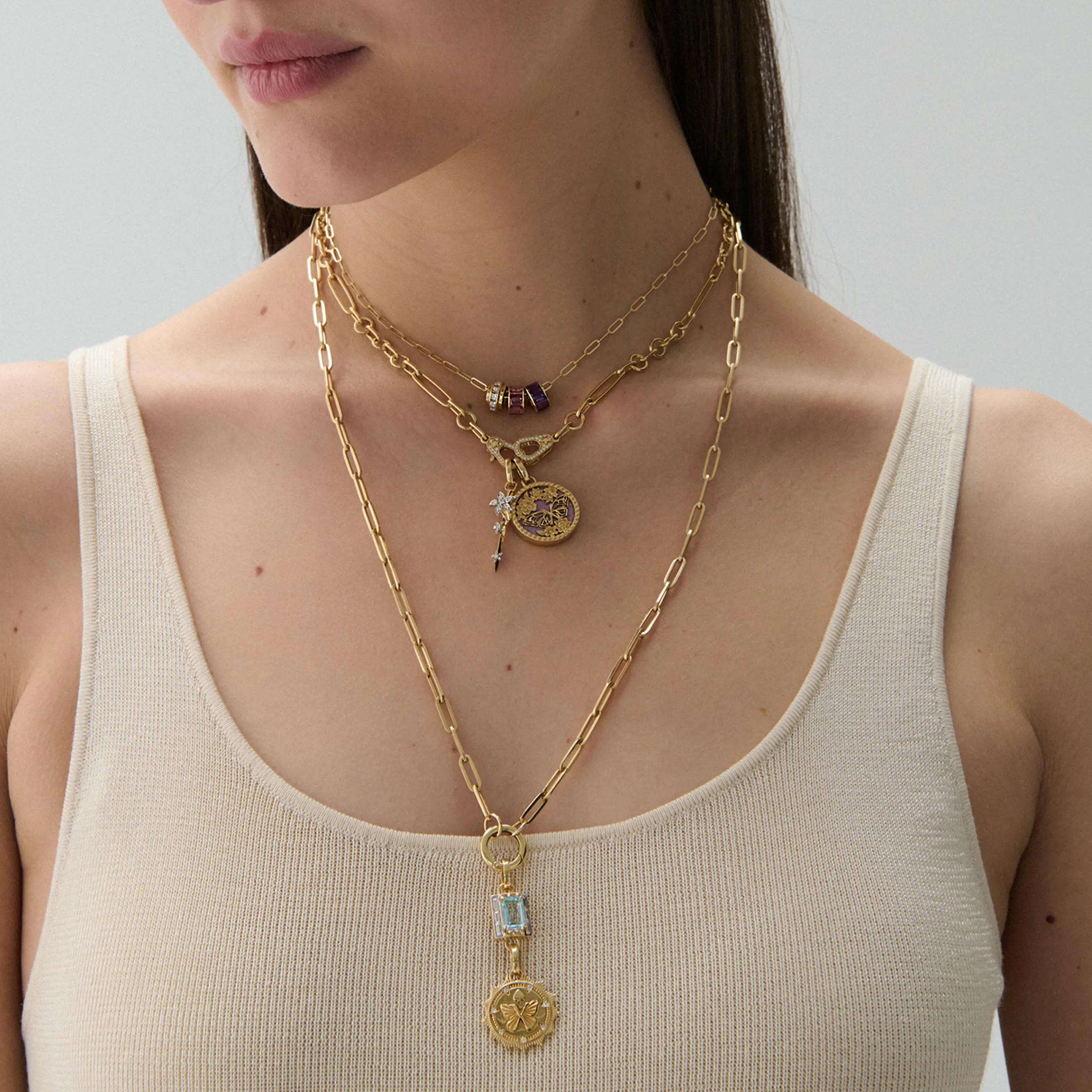 Reverie - Resilience | Butterfly Screen on Stone and Thorn Small Mixed Clip Necklace with Sister Hooks | Phosphosiderite, Diamonds, Yellow Gold - Image 3