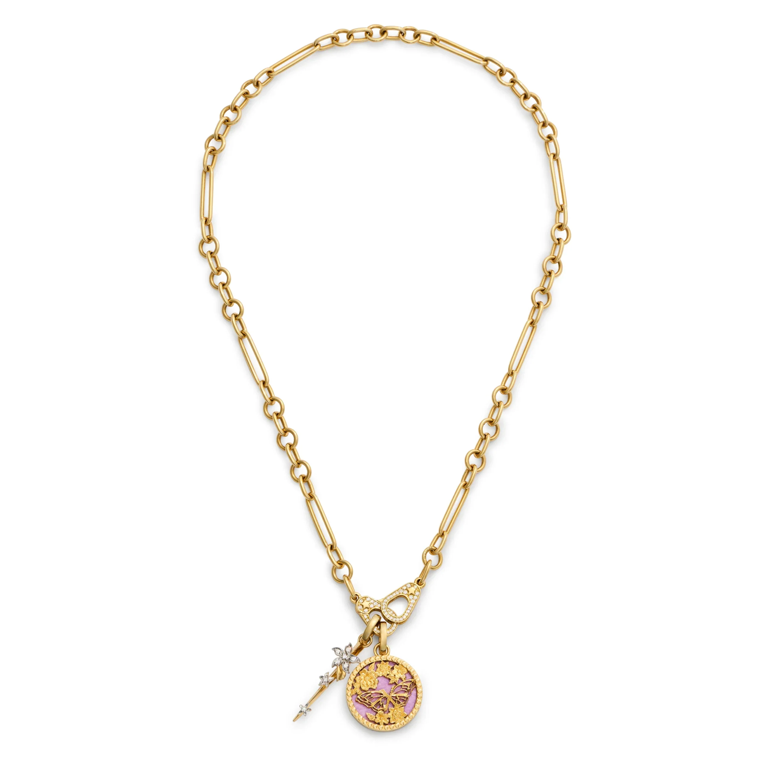 Reverie - Resilience | Butterfly Screen on Stone and Thorn Small Mixed Clip Necklace with Sister Hooks | Phosphosiderite, Diamonds, Yellow Gold - Image 4