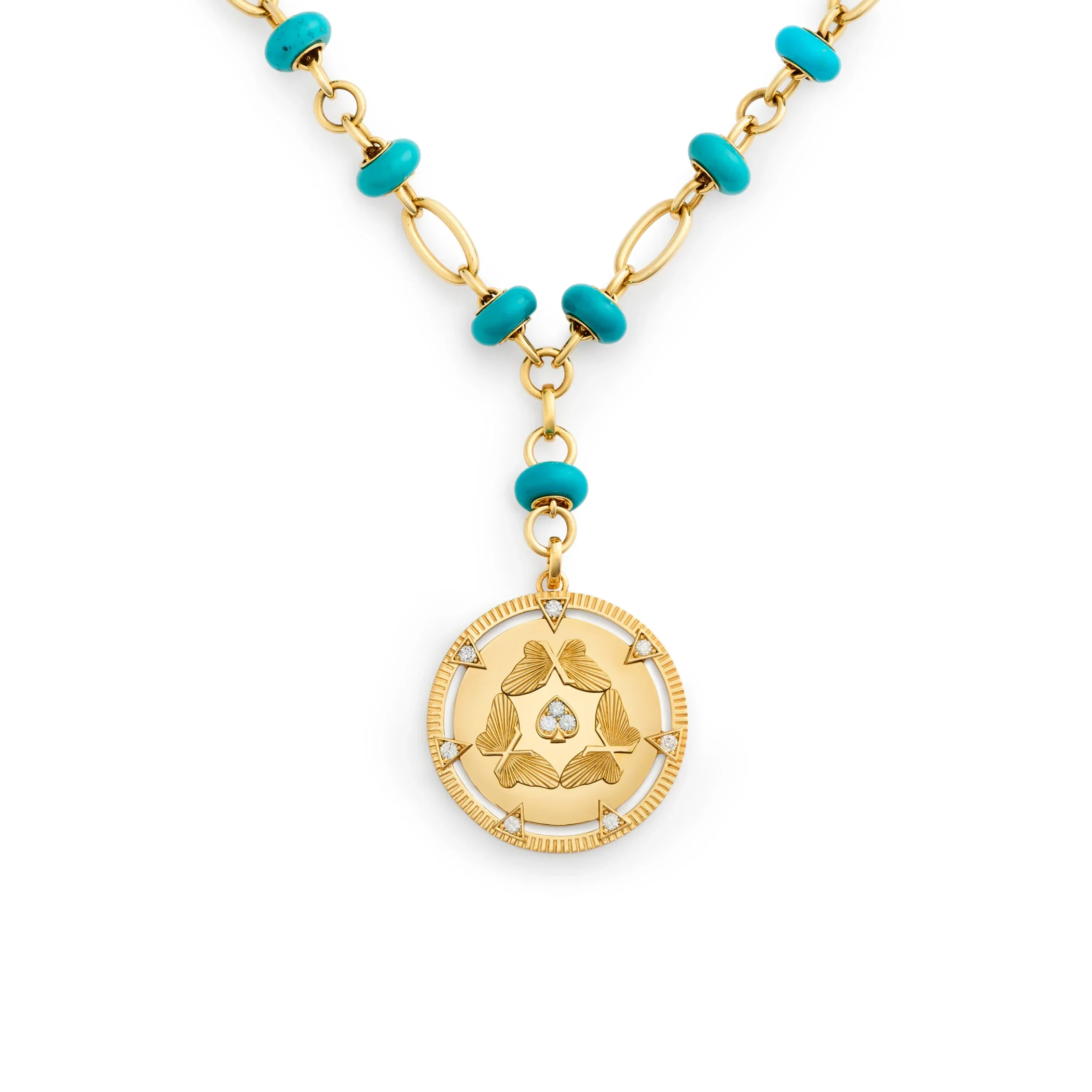 Reverie | Butterfly Triskele Orbit Stone Extension Necklace | Turquoise, Diamonds, Yellow Gold