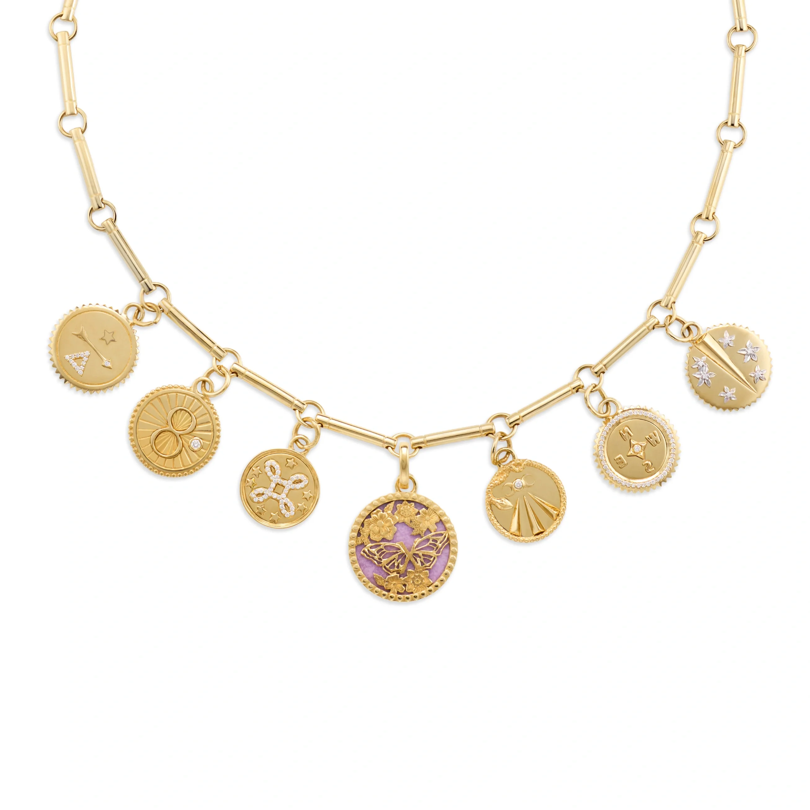 Reverie - True Love | Butterfly Screen on Stone Element Necklace | Diamonds, Phosphosiderite, Yellow Gold