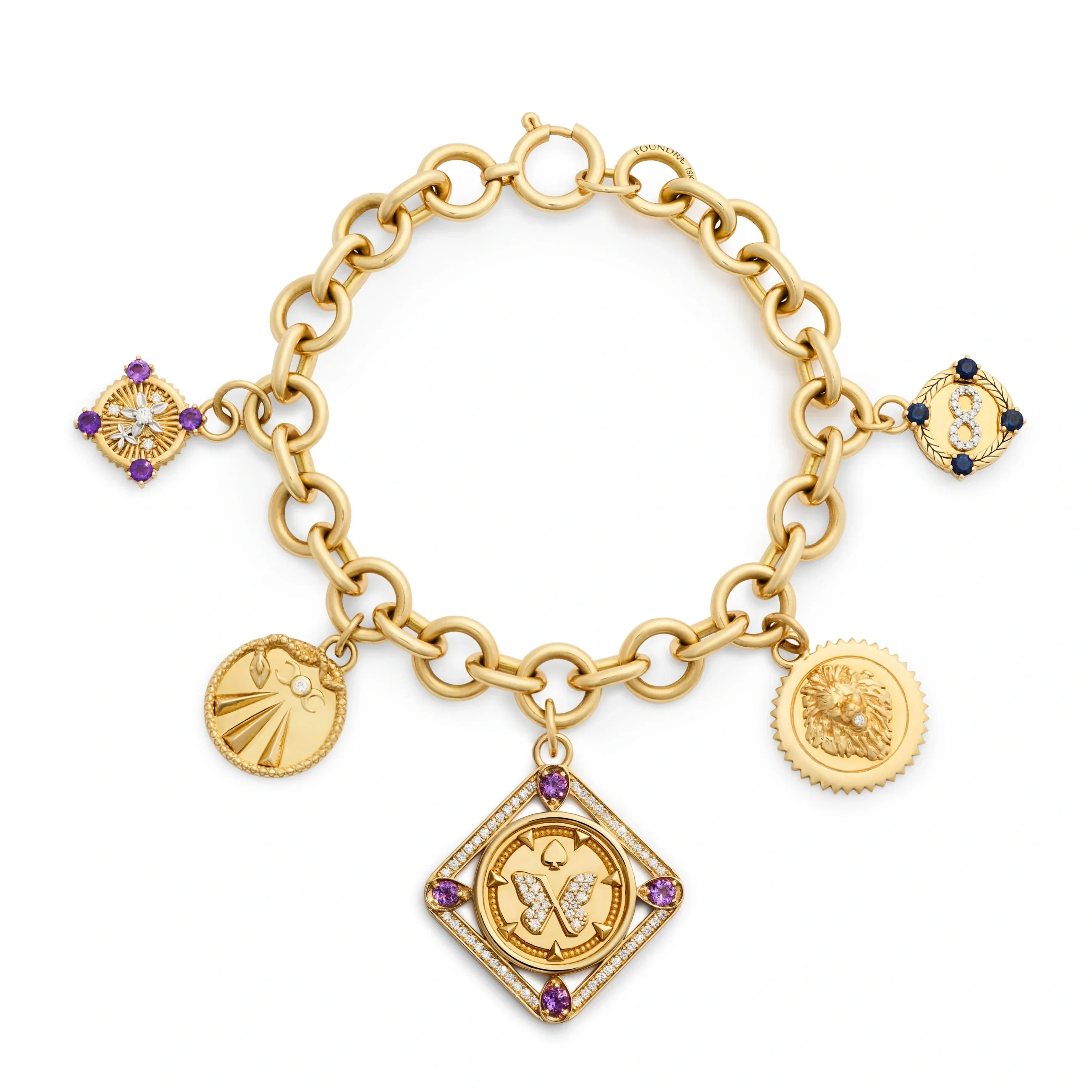 Reverie | Framed Butterfly Midsized Mixed Link Charm Bracelet | Amethyst, Diamonds, Blue Sapphire, Yellow Gold